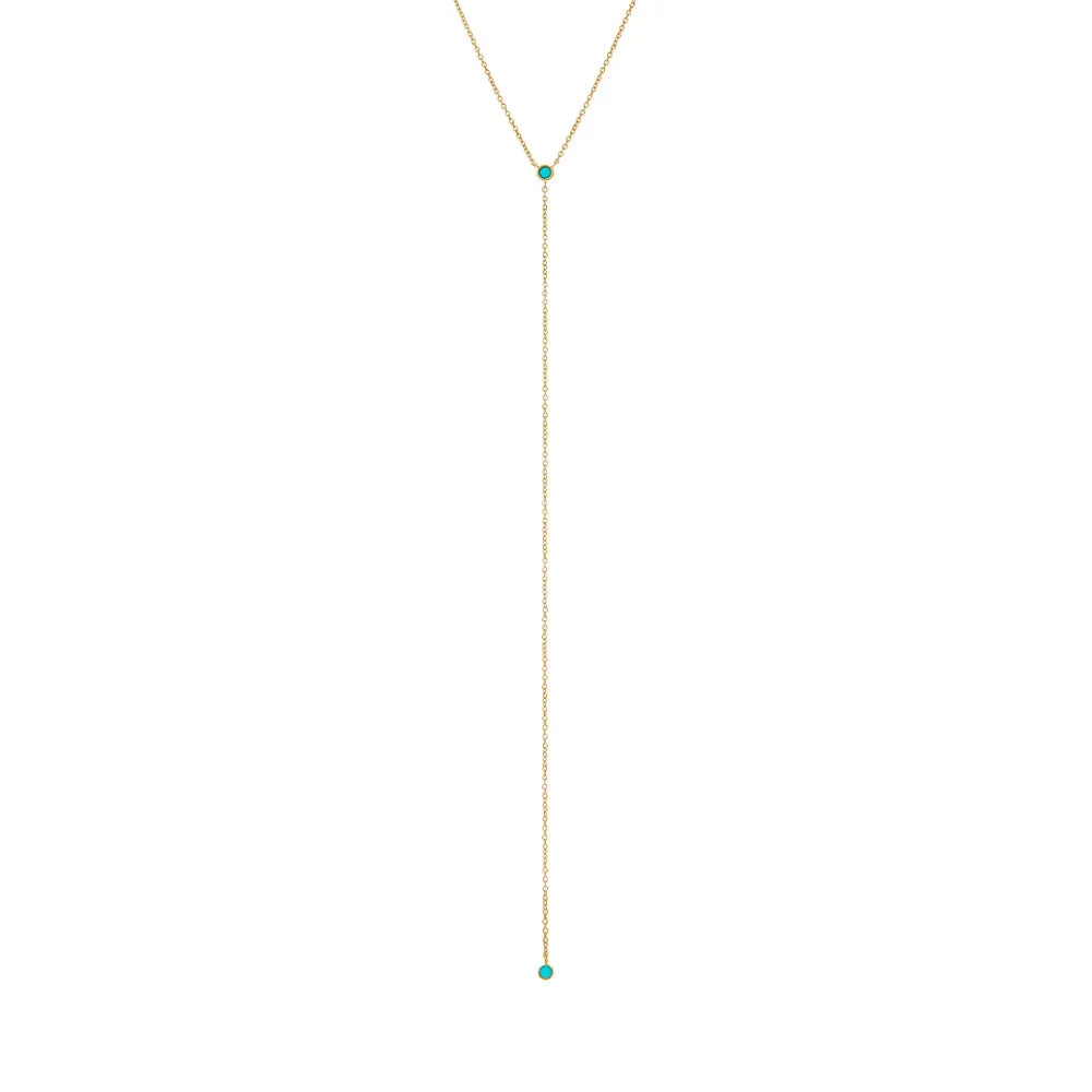 Turquoise Double Solitaire Bezel Lariat Necklace 14K