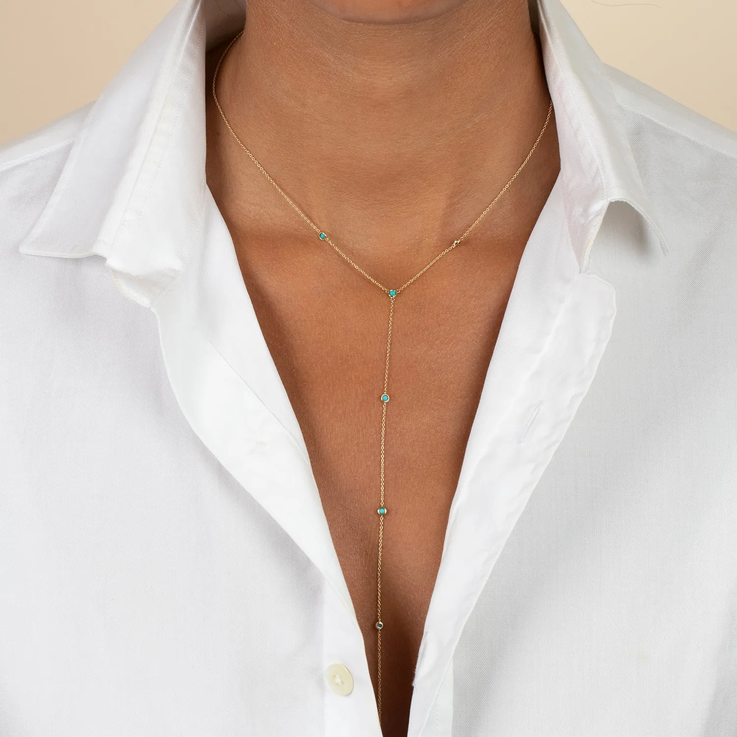 Turquoise Embedded Lariat Necklace 14K