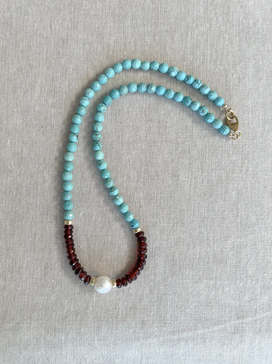 Turquoise Necklace with Garnets and Freshwater Pearl Accent