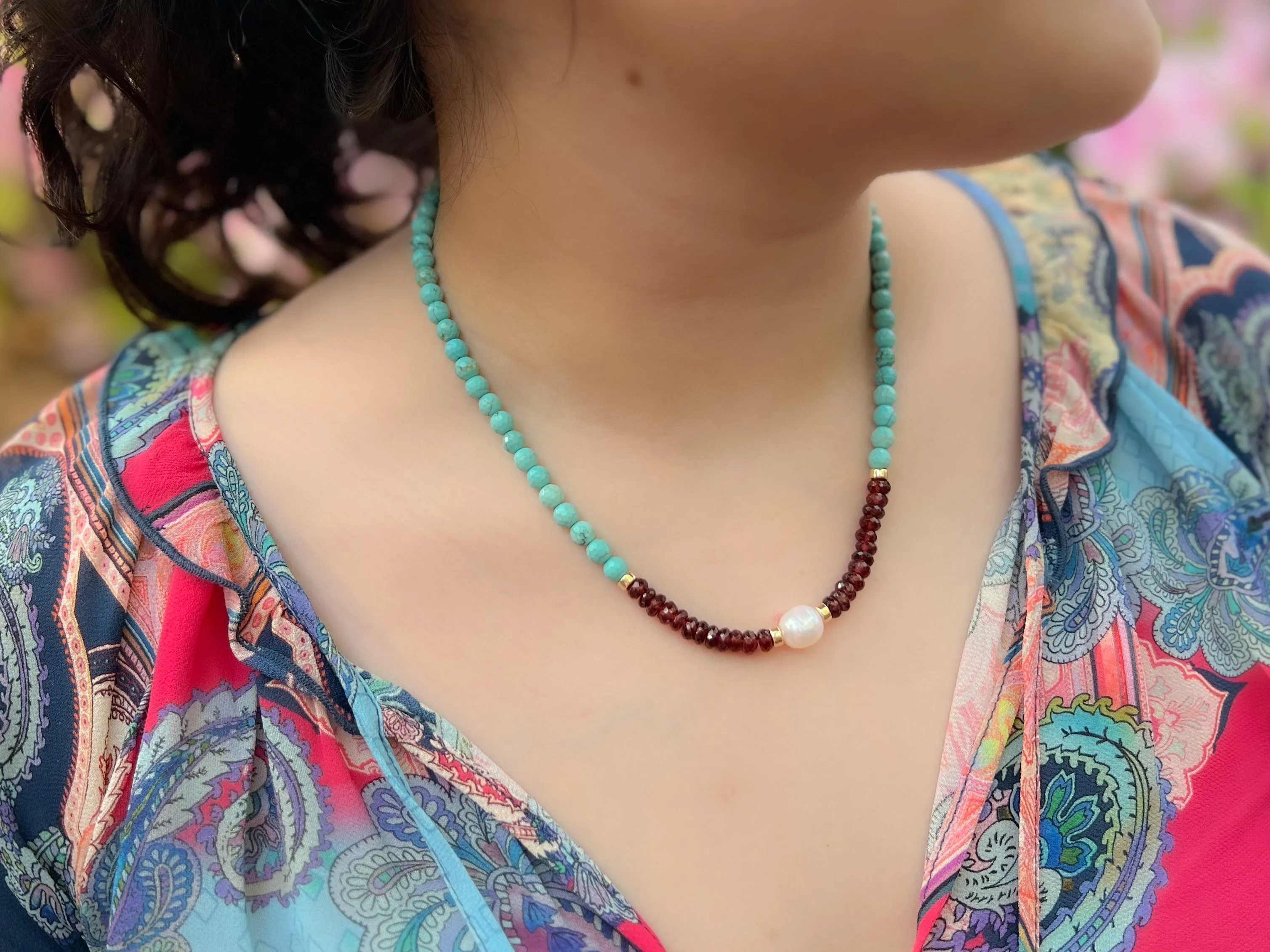 Turquoise Necklace with Garnets and Freshwater Pearl Accent