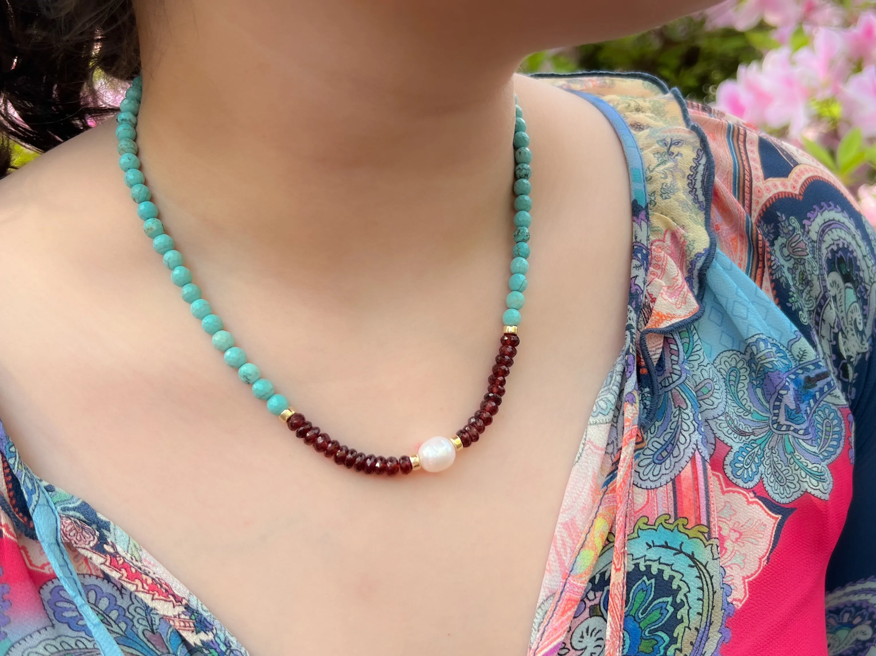 Turquoise Necklace with Garnets and Freshwater Pearl Accent