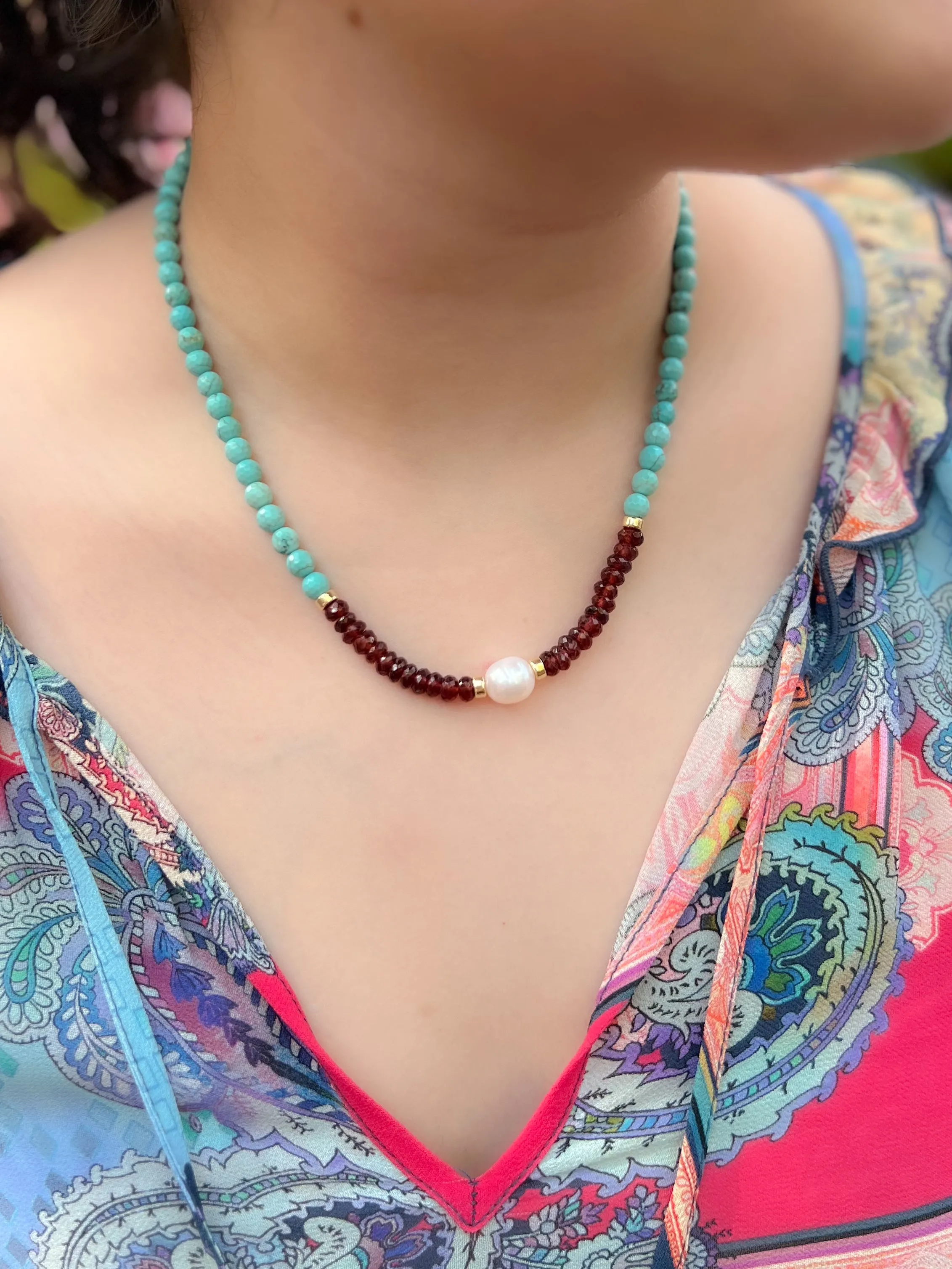 Turquoise Necklace with Garnets and Freshwater Pearl Accent