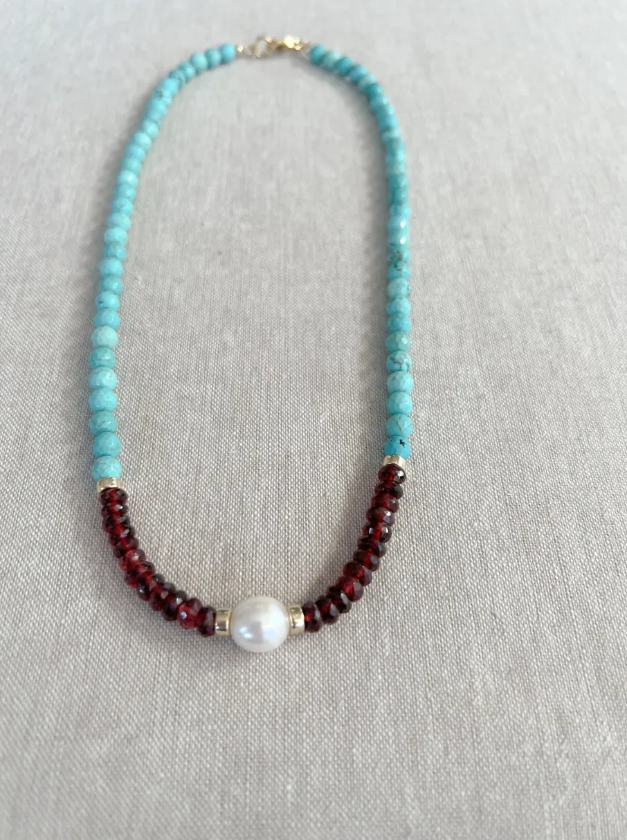 Turquoise Necklace with Garnets and Freshwater Pearl Accent