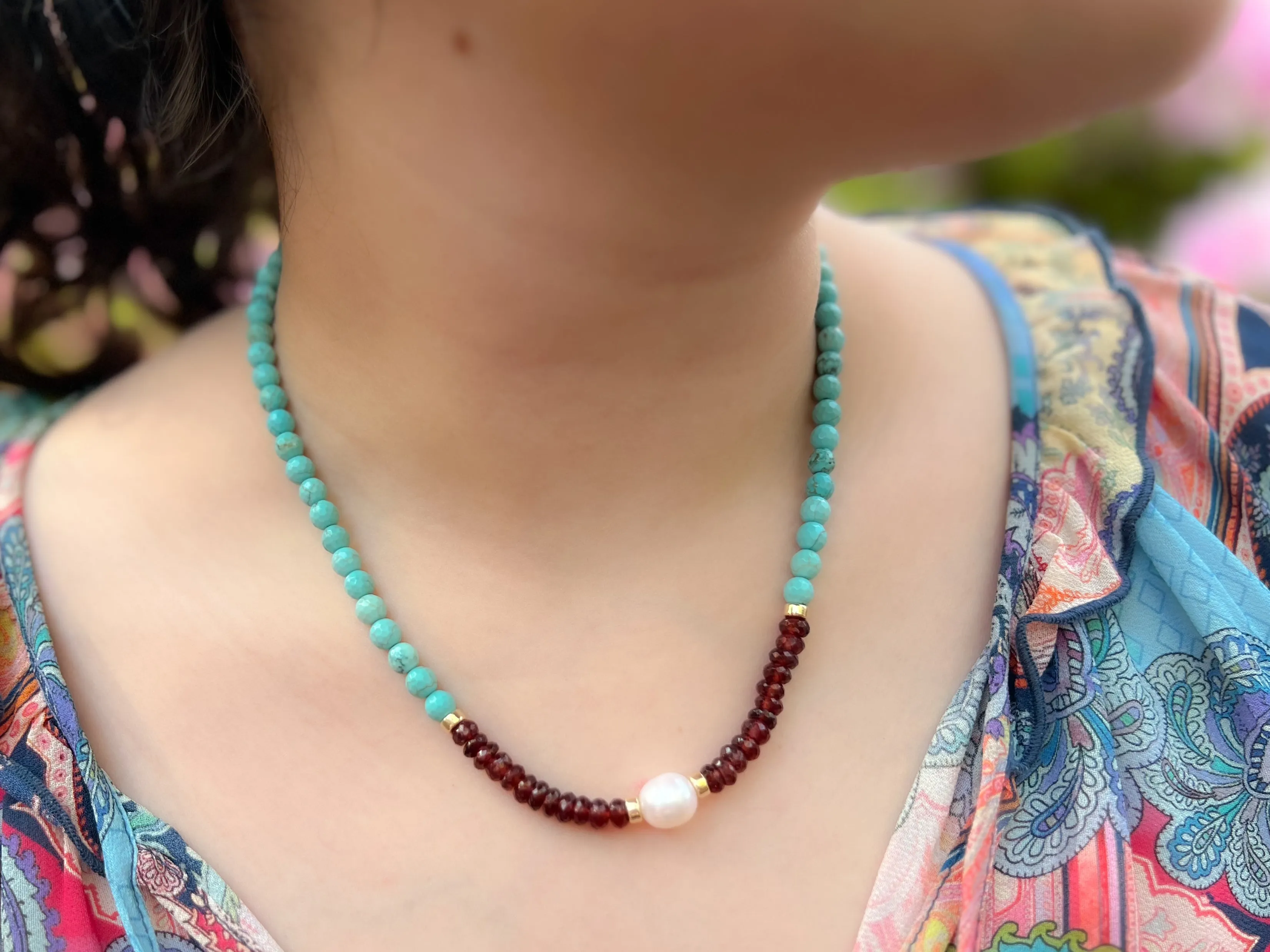 Turquoise Necklace with Garnets and Freshwater Pearl Accent