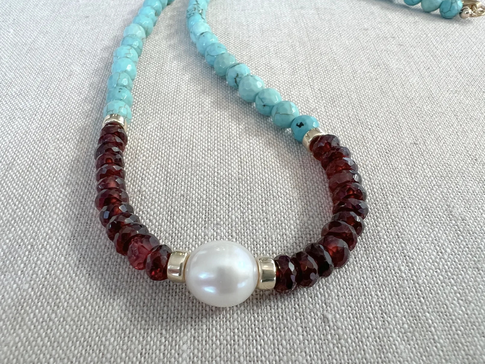 Turquoise Necklace with Garnets and Freshwater Pearl Accent