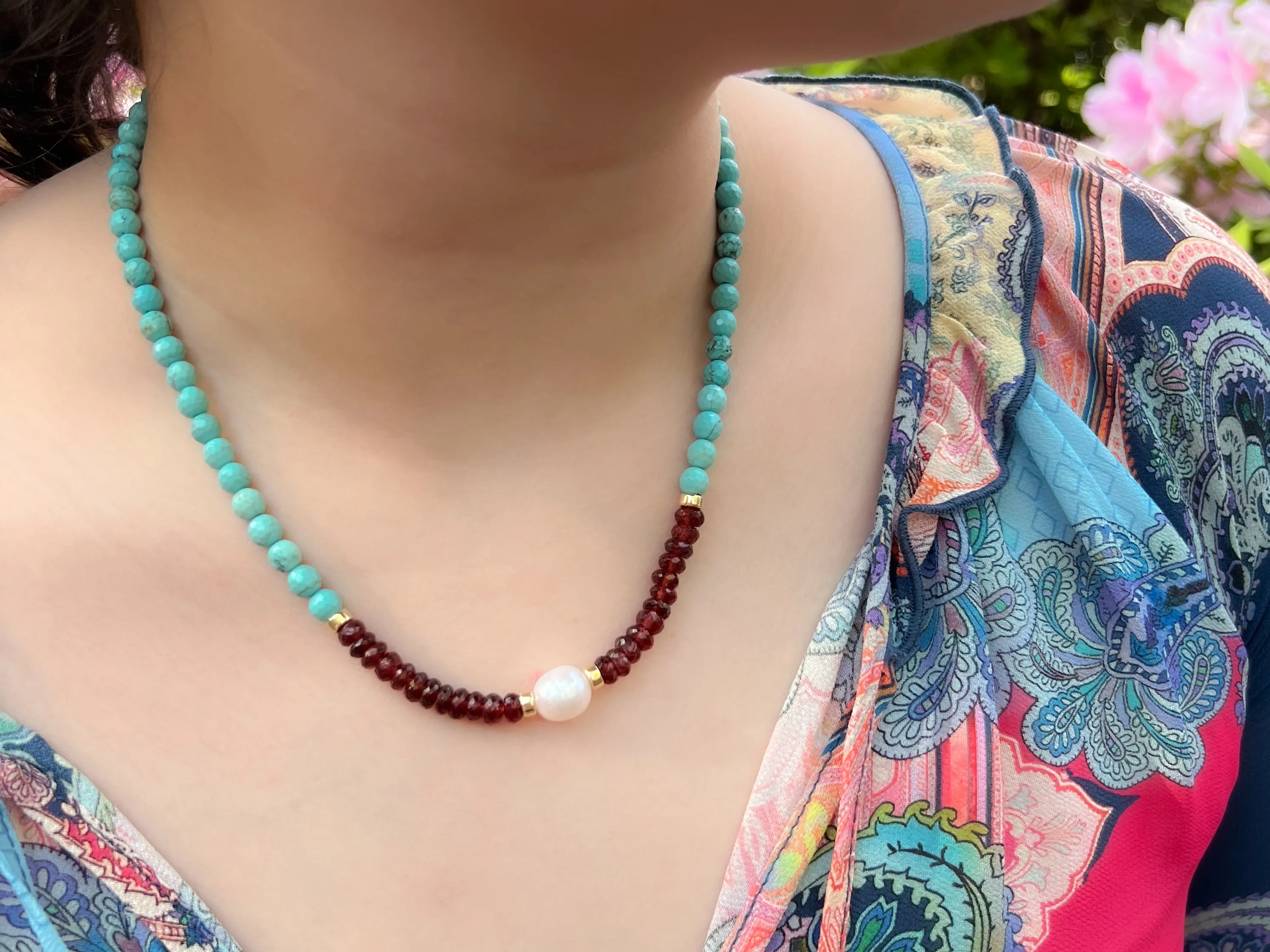 Turquoise Necklace with Garnets and Freshwater Pearl Accent