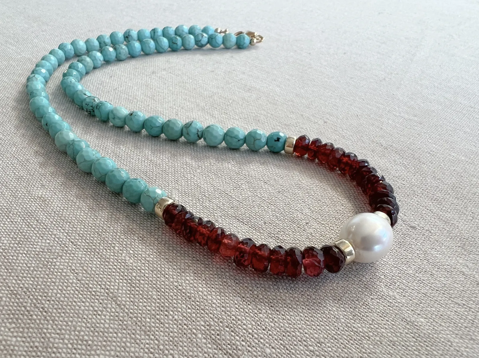 Turquoise Necklace with Garnets and Freshwater Pearl Accent