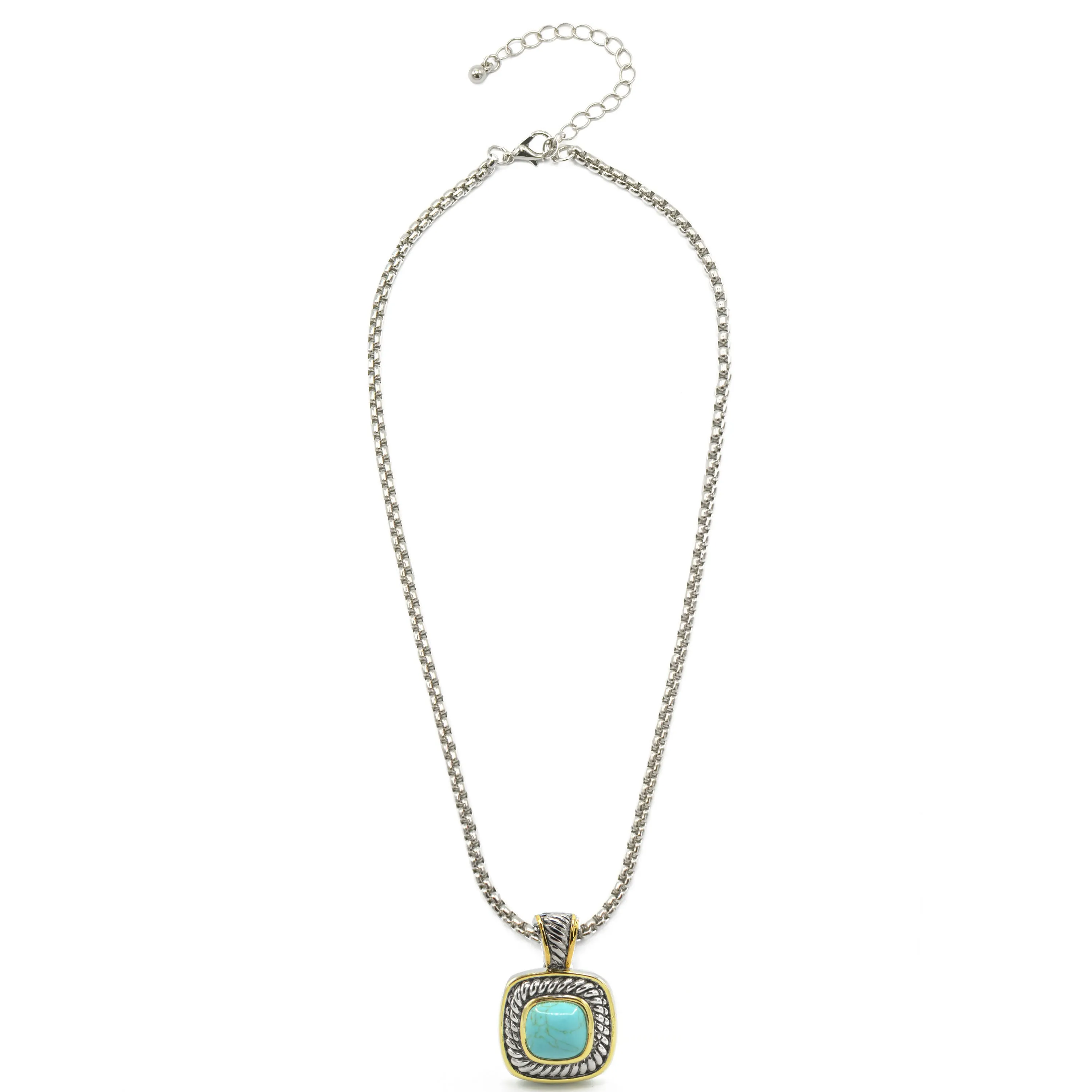 Two-Tone Turquoise Square Pendant Box Chain Necklace #73014EH-TRQ (FA25/FH13)