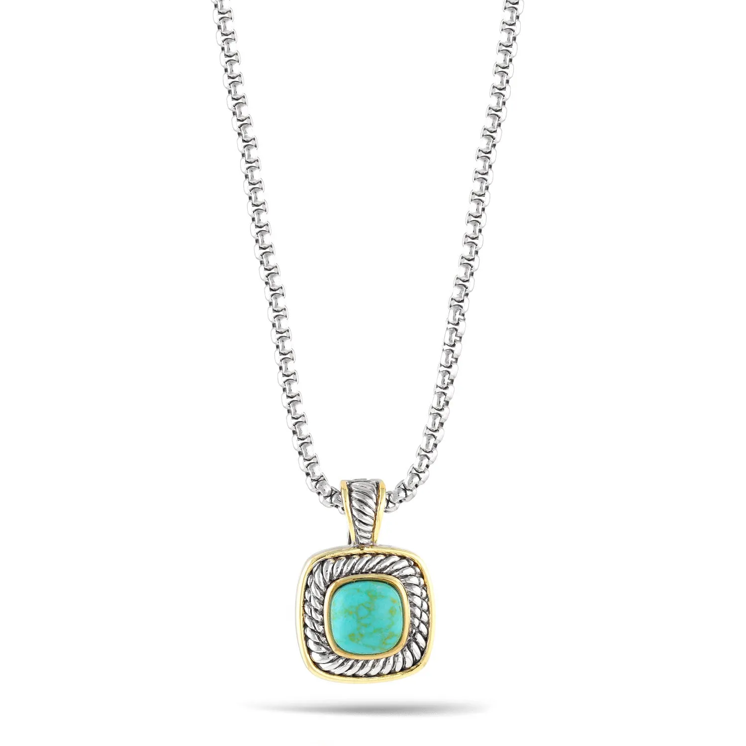 Two-Tone Turquoise Square Pendant Box Chain Necklace #73014EH-TRQ (FA25/FH13)