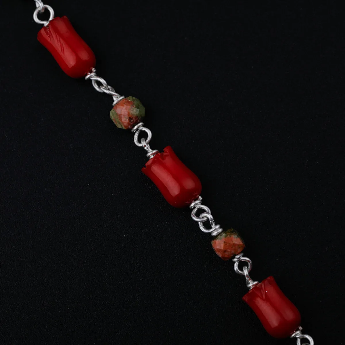 Unakite and Coral Tulips Silver Necklace