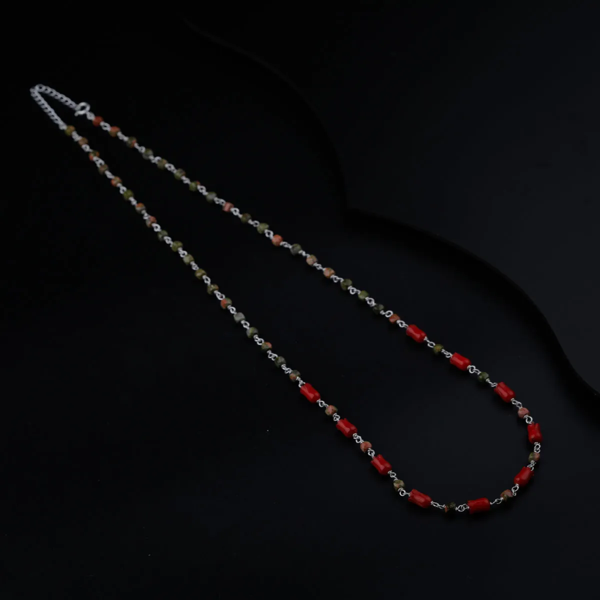 Unakite and Coral Tulips Silver Necklace