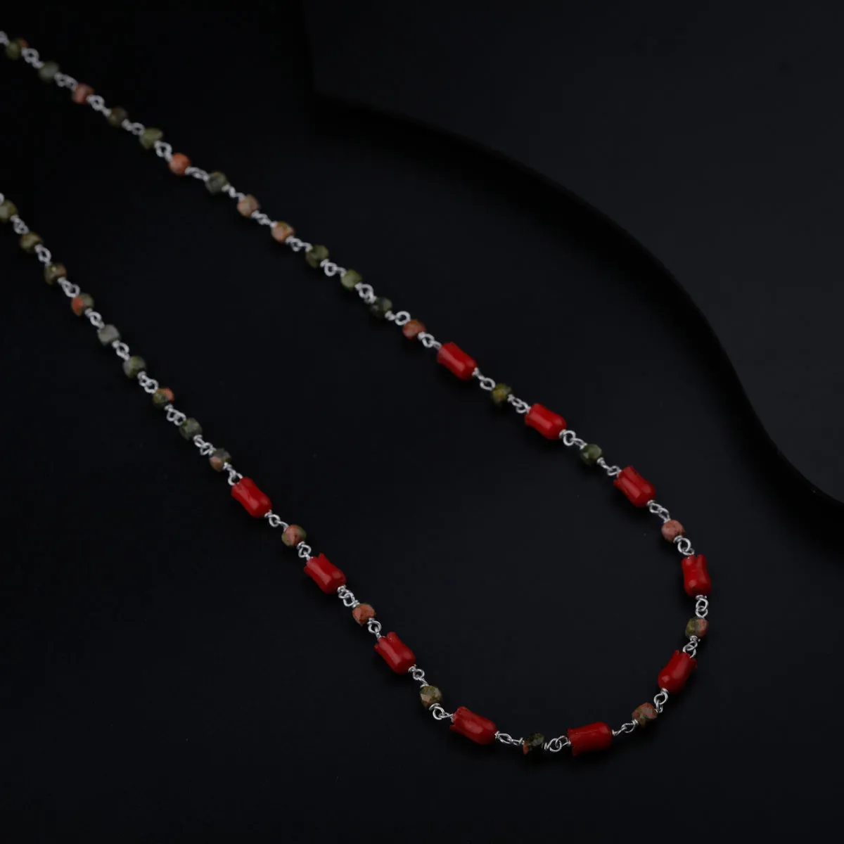 Unakite and Coral Tulips Silver Necklace