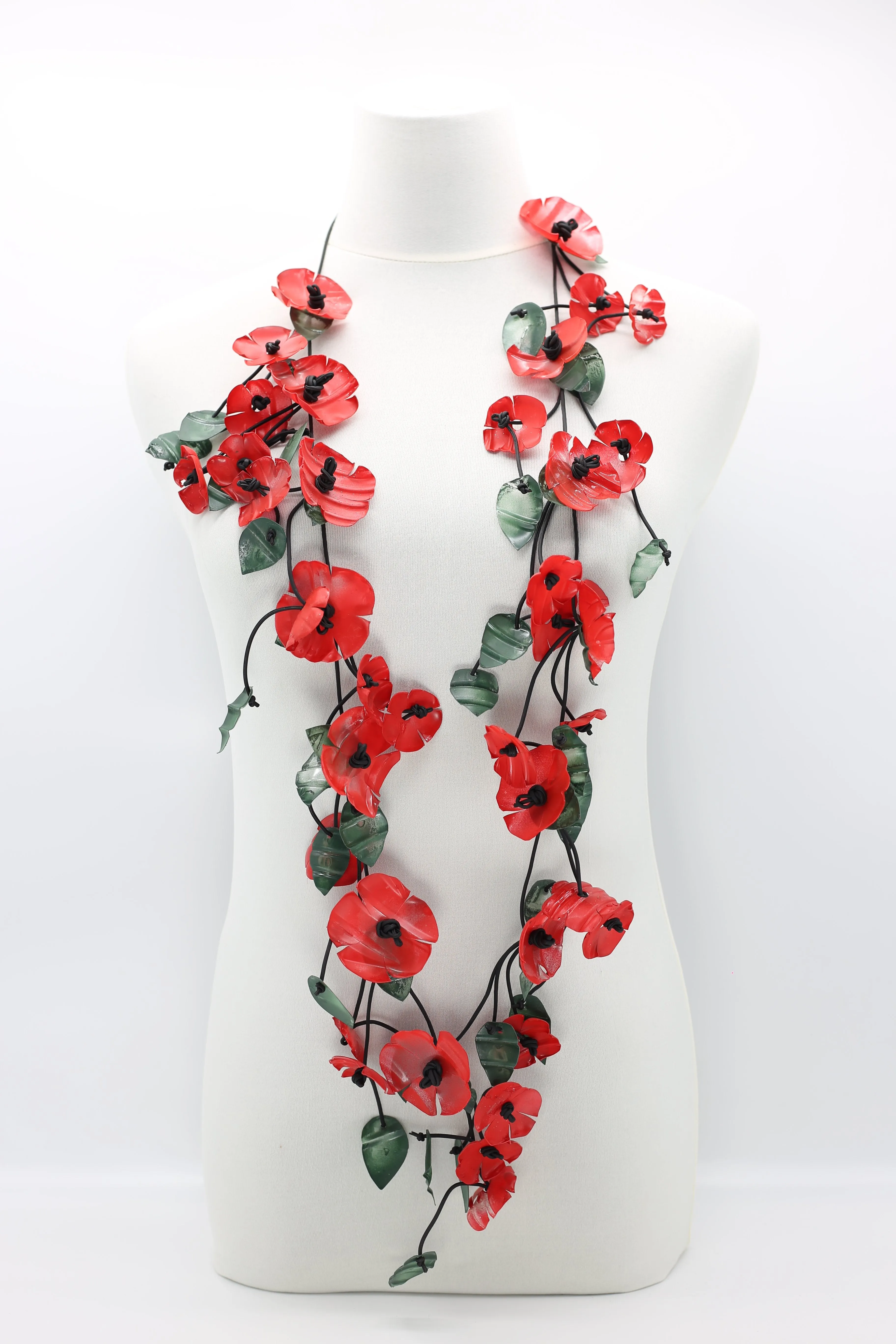 Upcycled plastic bottles - Poppy and wooden beads and plastic leaf mixed fruit necklaces -set