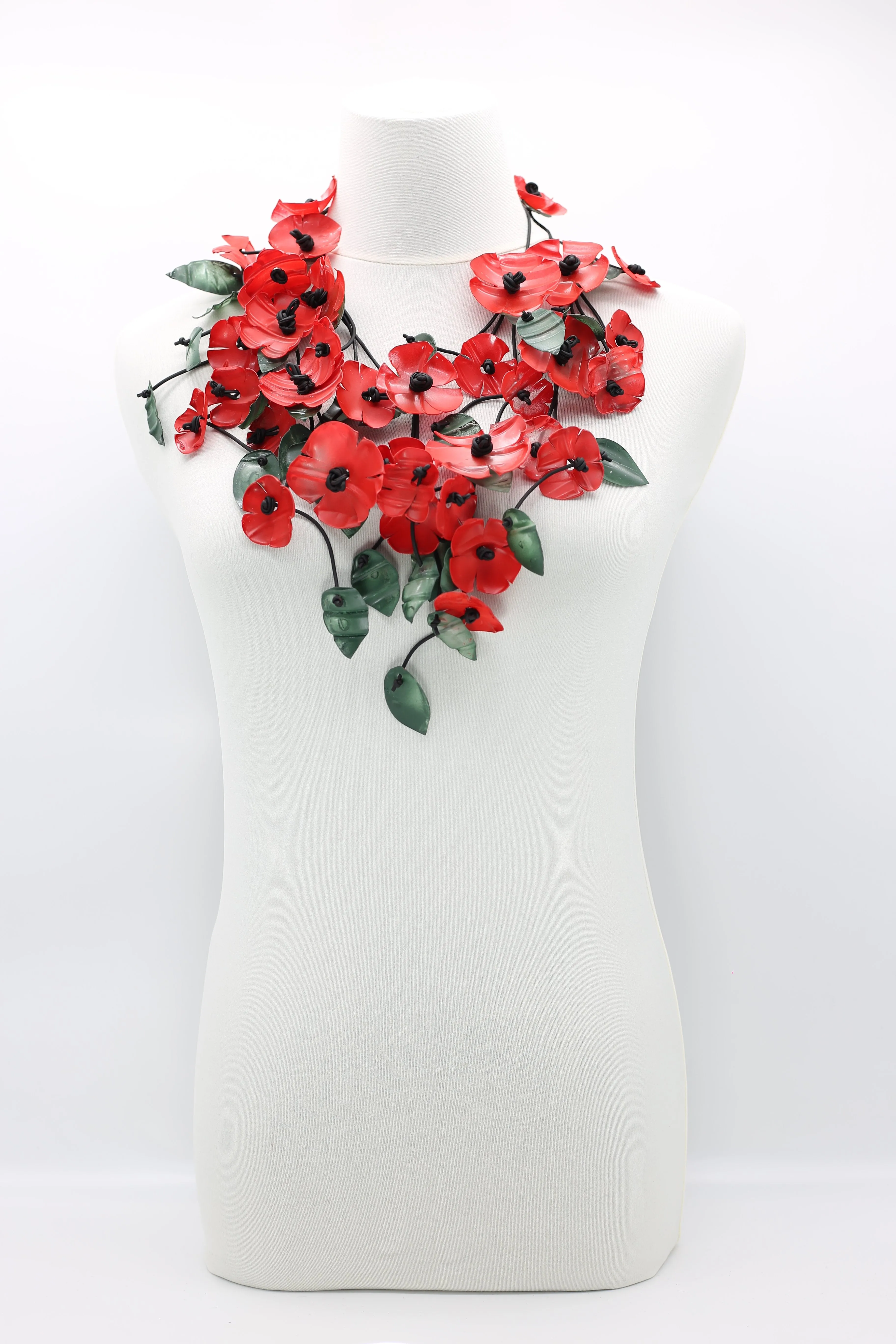 Upcycled plastic bottles - Poppy and wooden beads and plastic leaf mixed fruit necklaces -set