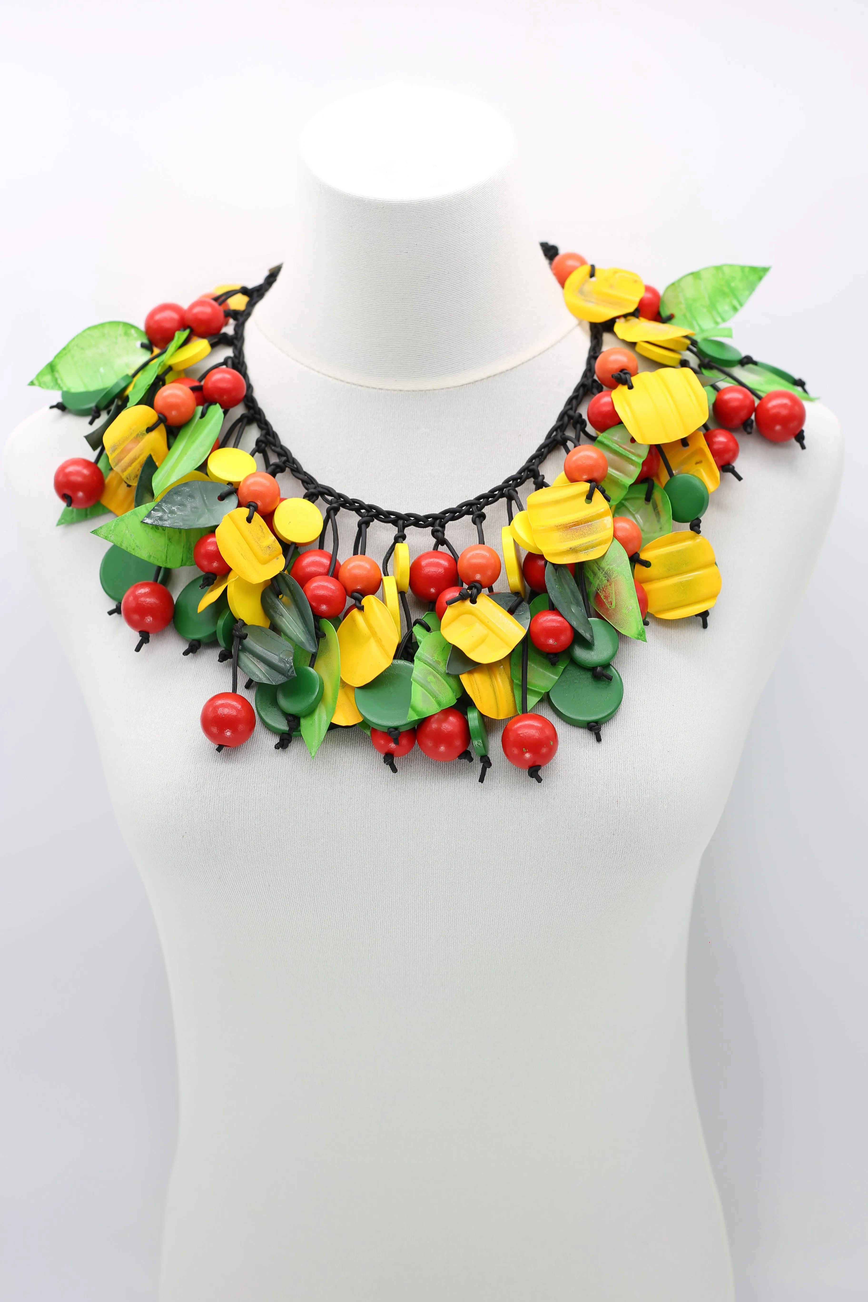 Upcycled plastic bottles - Sunflower and wooden beads and plastic leaf mixed fruit necklaces -set