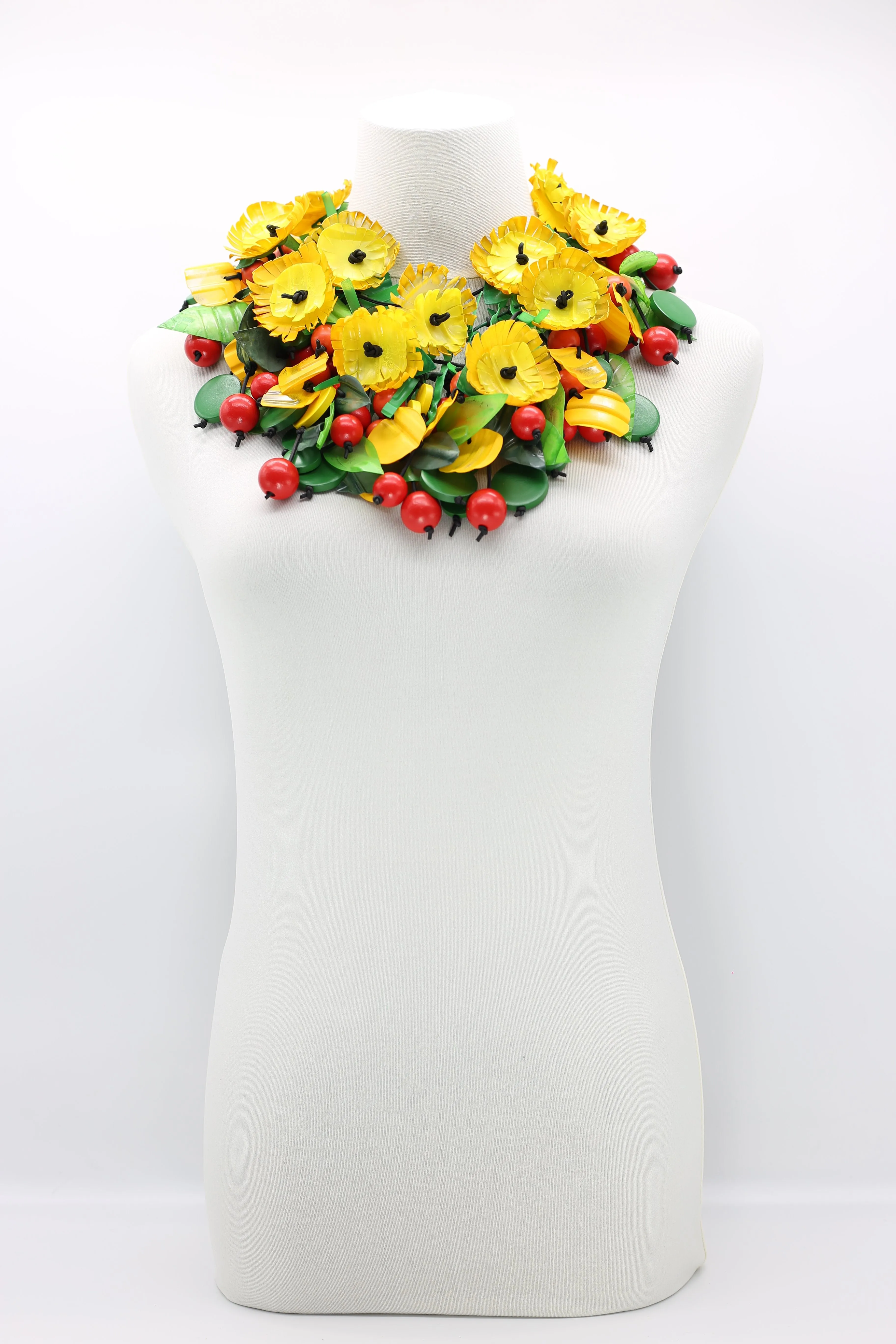 Upcycled plastic bottles - Sunflower and wooden beads and plastic leaf mixed fruit necklaces -set