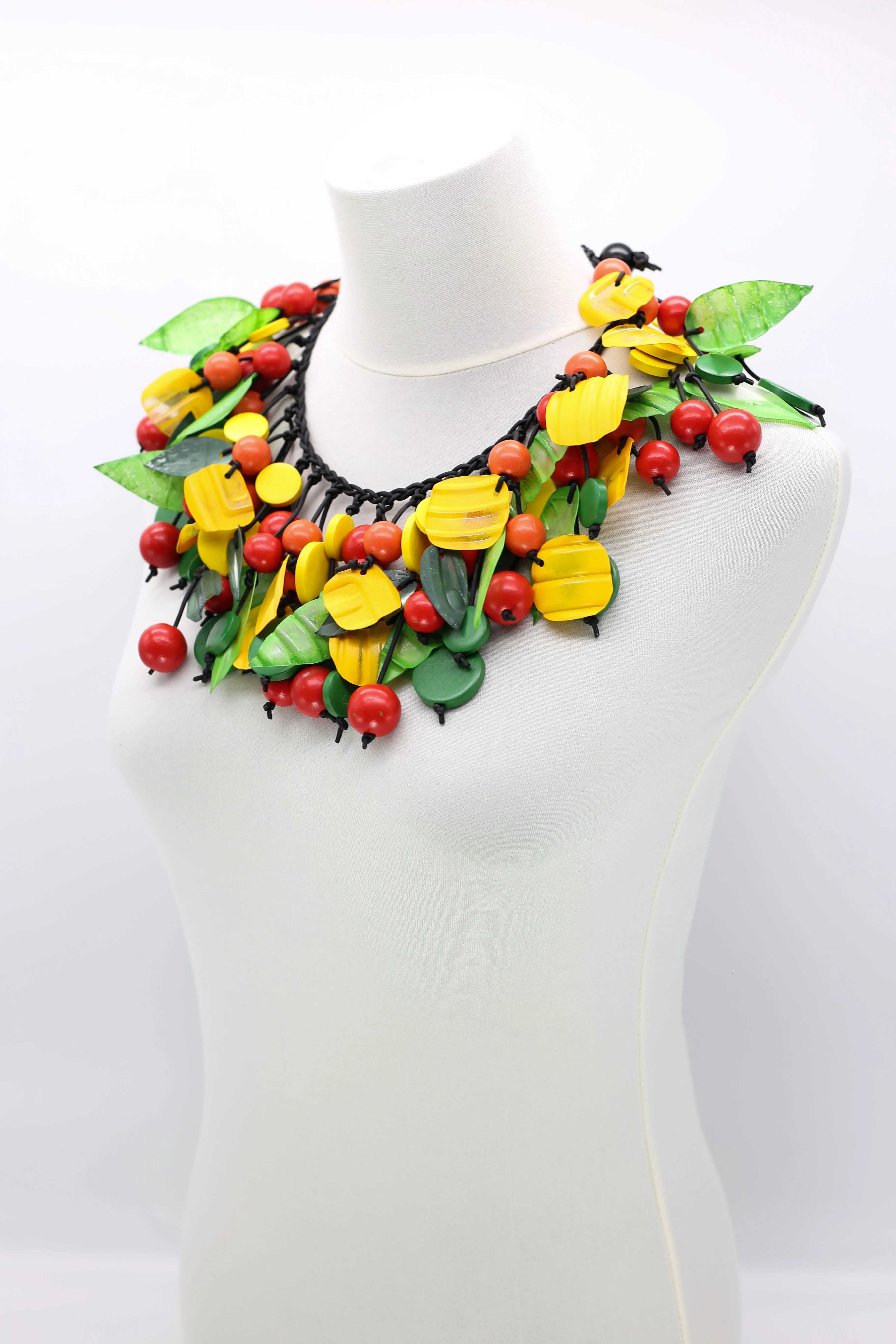 Upcycled plastic bottles - Sunflower and wooden beads and plastic leaf mixed fruit necklaces -set