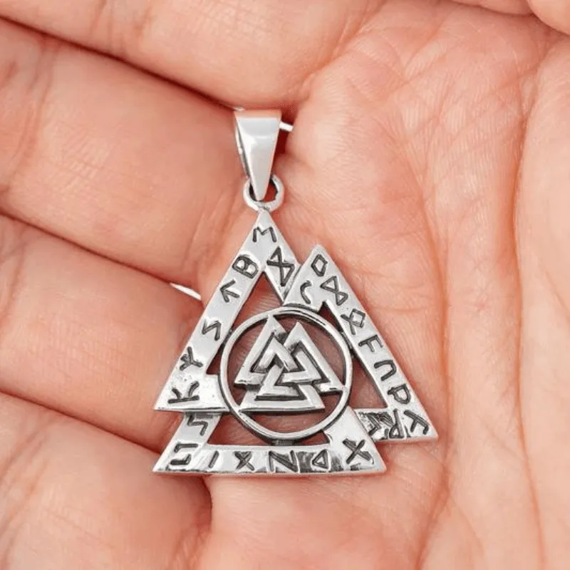 VALKNUT WITH NORSE RUNES 925 STERLING SILVER PENDANT