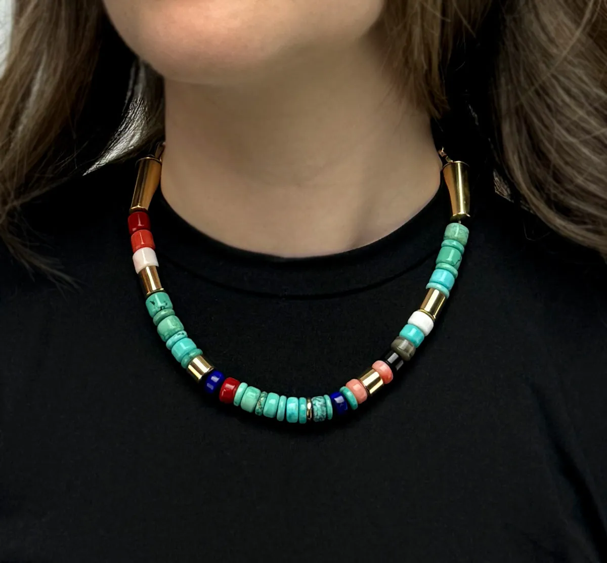 Victor Beck (1941-2022) - Navajo 14-Strand Coral, Multi-Stone, and Gold Beaded Necklace with Multi-Use Extender c. 2005, 19" length