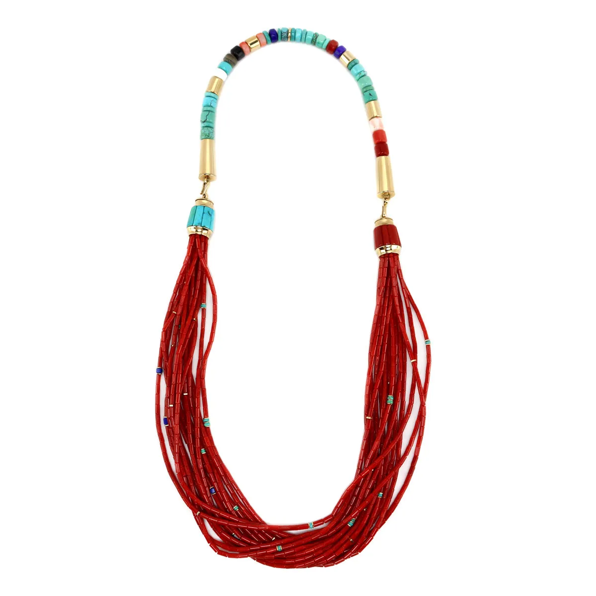 Victor Beck (1941-2022) - Navajo 14-Strand Coral, Multi-Stone, and Gold Beaded Necklace with Multi-Use Extender c. 2005, 19" length