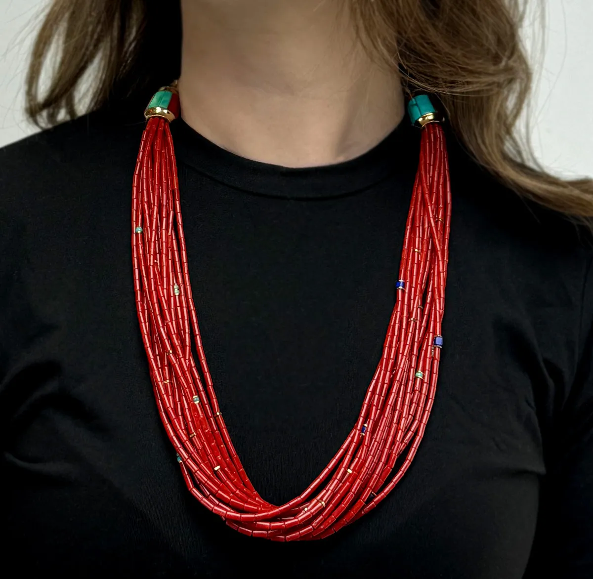 Victor Beck (1941-2022) - Navajo 14-Strand Coral, Multi-Stone, and Gold Beaded Necklace with Multi-Use Extender c. 2005, 19" length