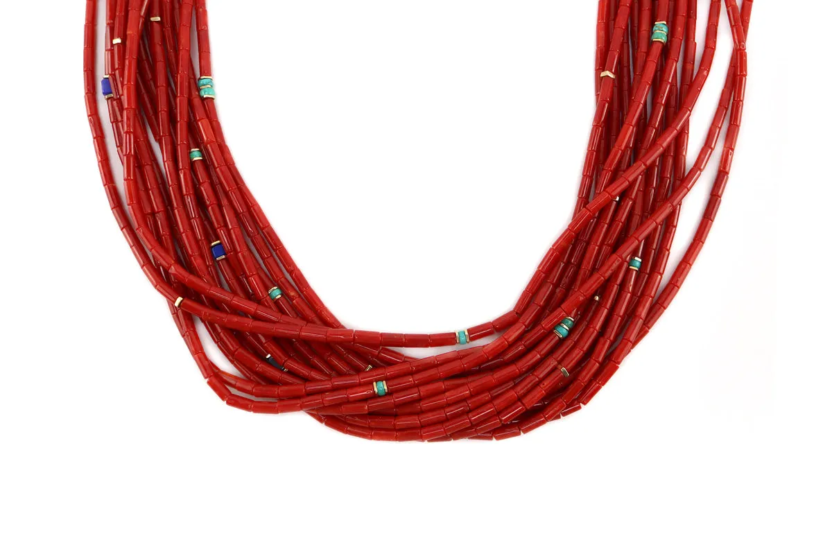 Victor Beck (1941-2022) - Navajo 14-Strand Coral, Multi-Stone, and Gold Beaded Necklace with Multi-Use Extender c. 2005, 19" length