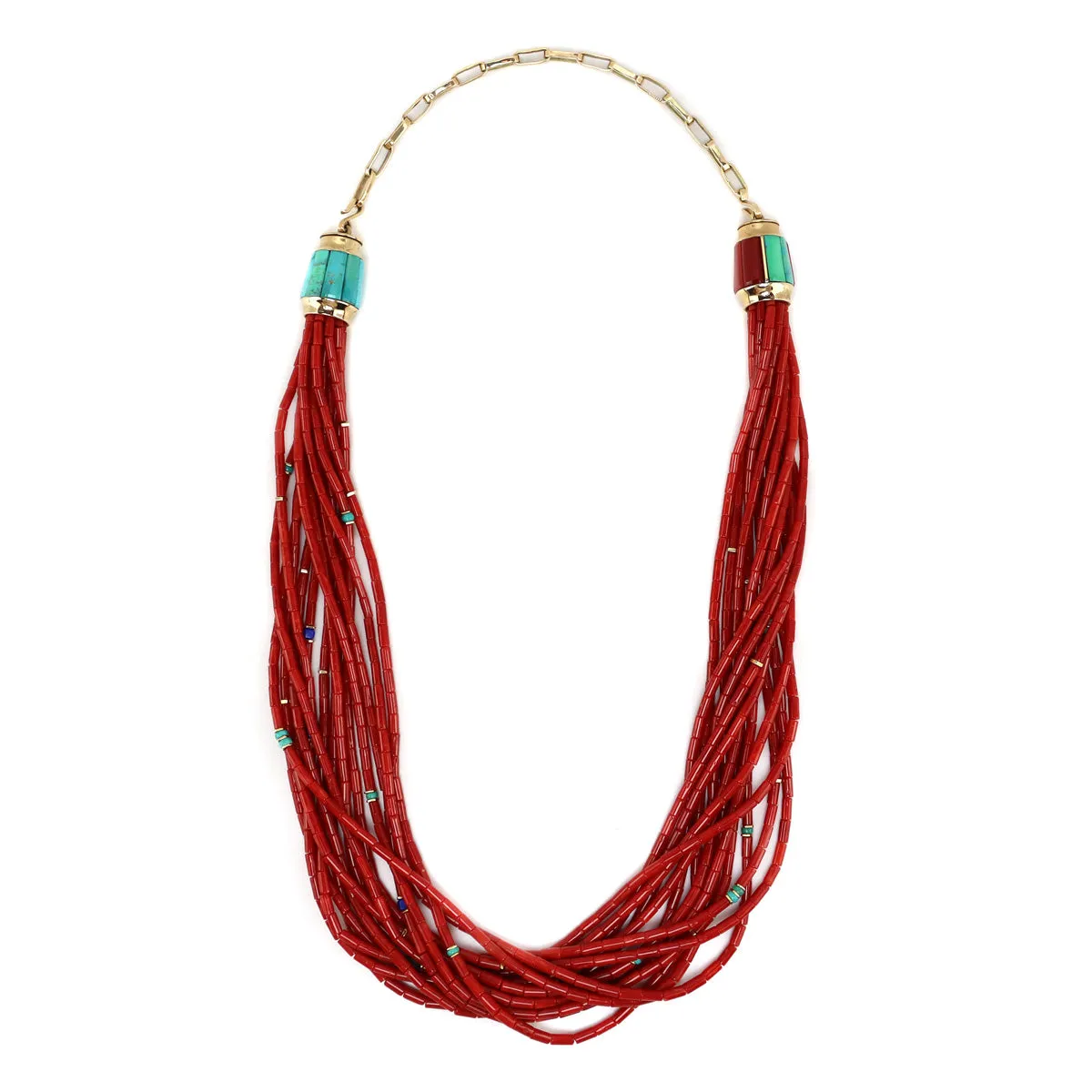 Victor Beck (1941-2022) - Navajo 14-Strand Coral, Multi-Stone, and Gold Beaded Necklace with Multi-Use Extender c. 2005, 19" length