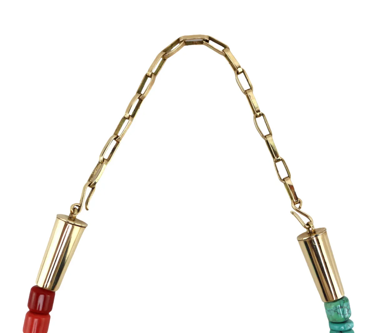 Victor Beck (1941-2022) - Navajo 14-Strand Coral, Multi-Stone, and Gold Beaded Necklace with Multi-Use Extender c. 2005, 19" length