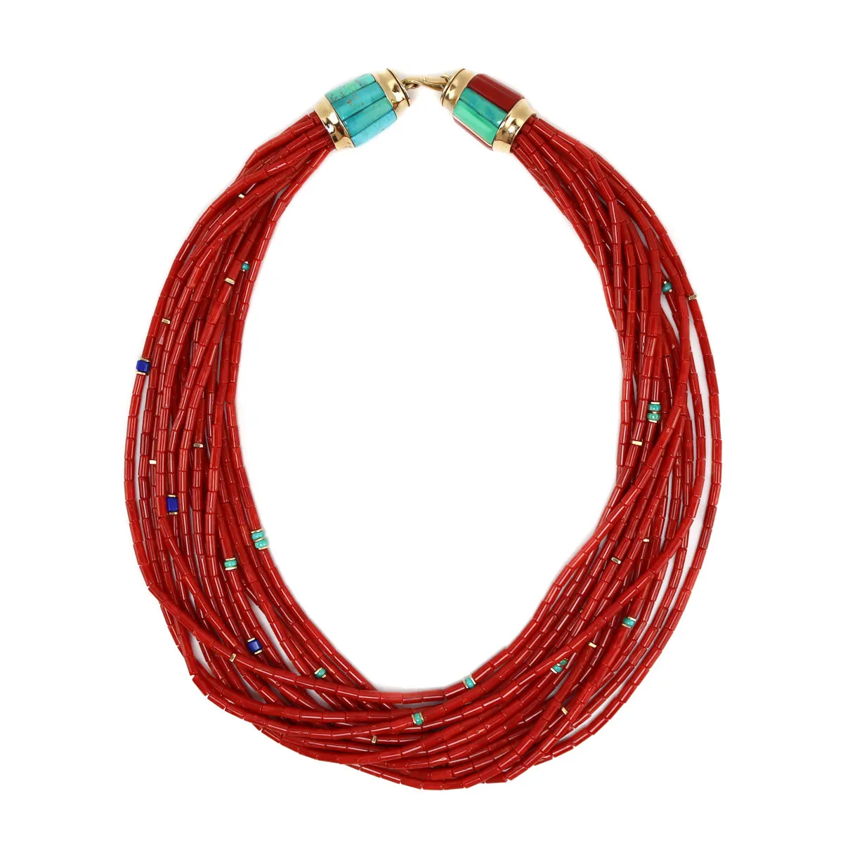 Victor Beck (1941-2022) - Navajo 14-Strand Coral, Multi-Stone, and Gold Beaded Necklace with Multi-Use Extender c. 2005, 19" length