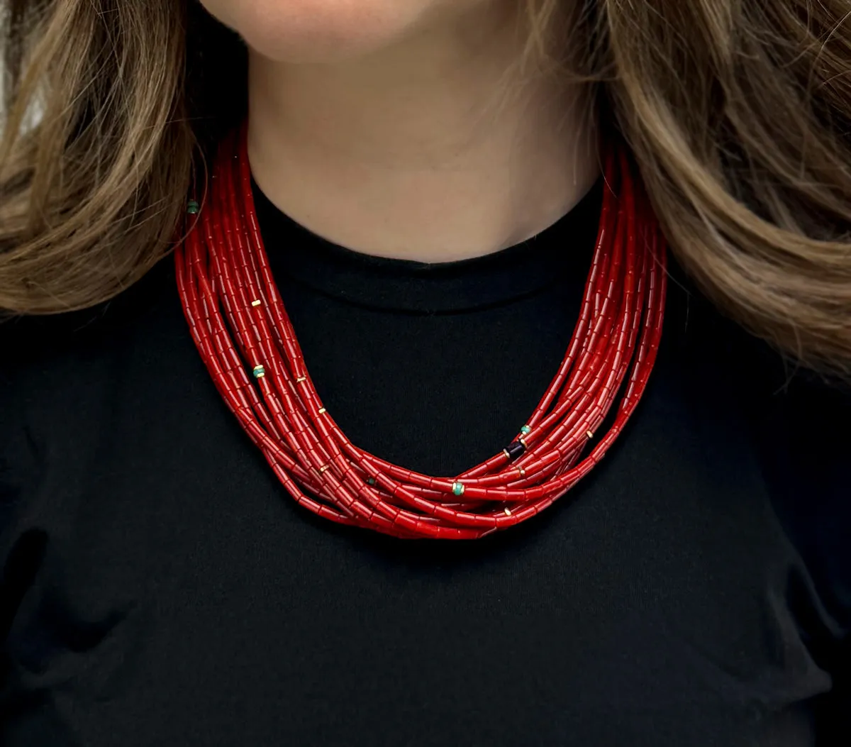 Victor Beck (1941-2022) - Navajo 14-Strand Coral, Multi-Stone, and Gold Beaded Necklace with Multi-Use Extender c. 2005, 19" length