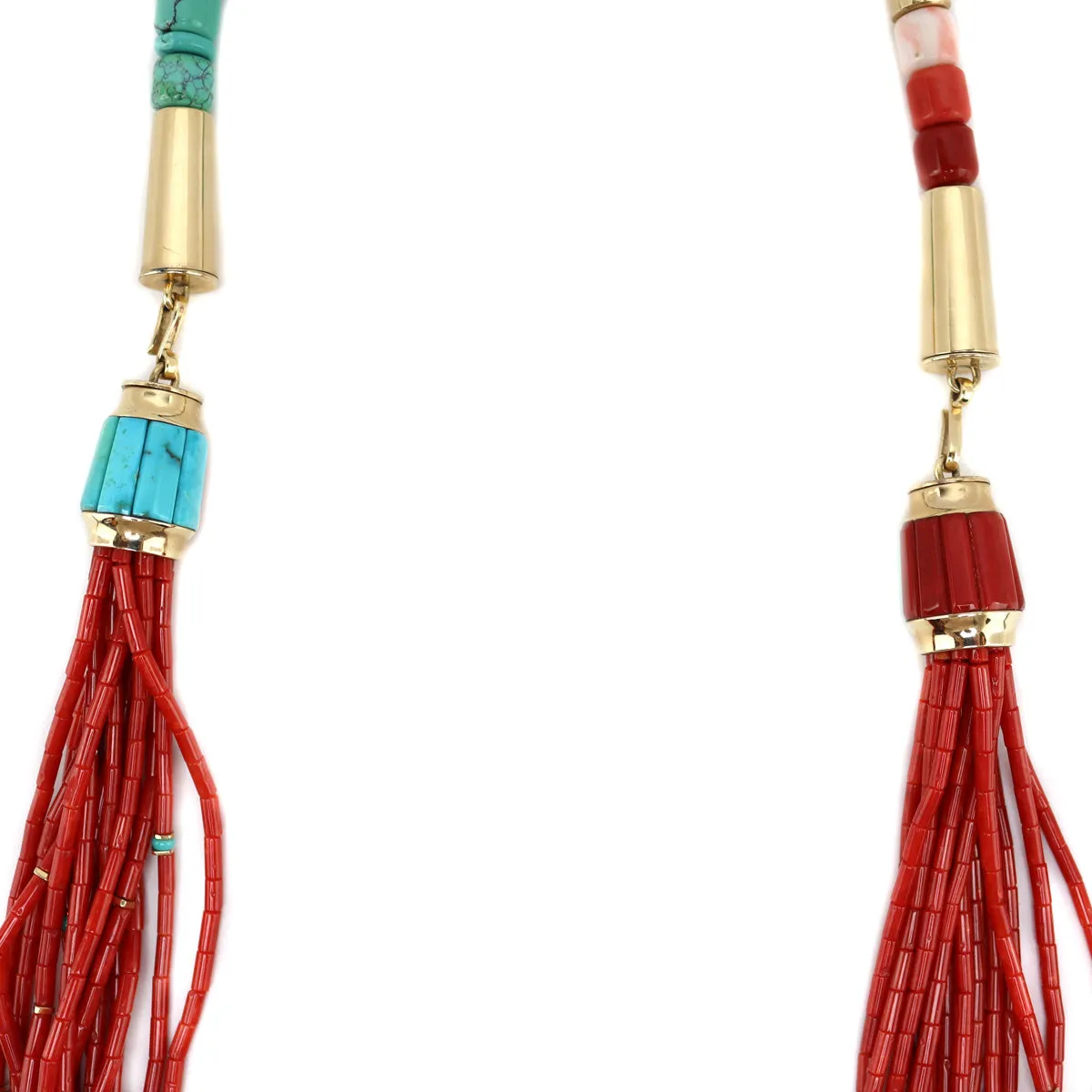 Victor Beck (1941-2022) - Navajo 14-Strand Coral, Multi-Stone, and Gold Beaded Necklace with Multi-Use Extender c. 2005, 19" length