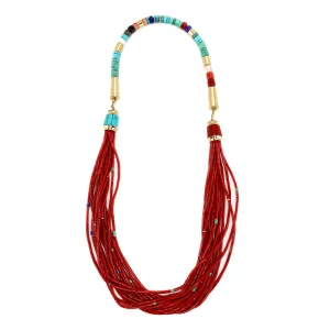 Victor Beck (1941-2022) - Navajo 14-Strand Coral, Multi-Stone, and Gold Beaded Necklace with Multi-Use Extender c. 2005, 19" length