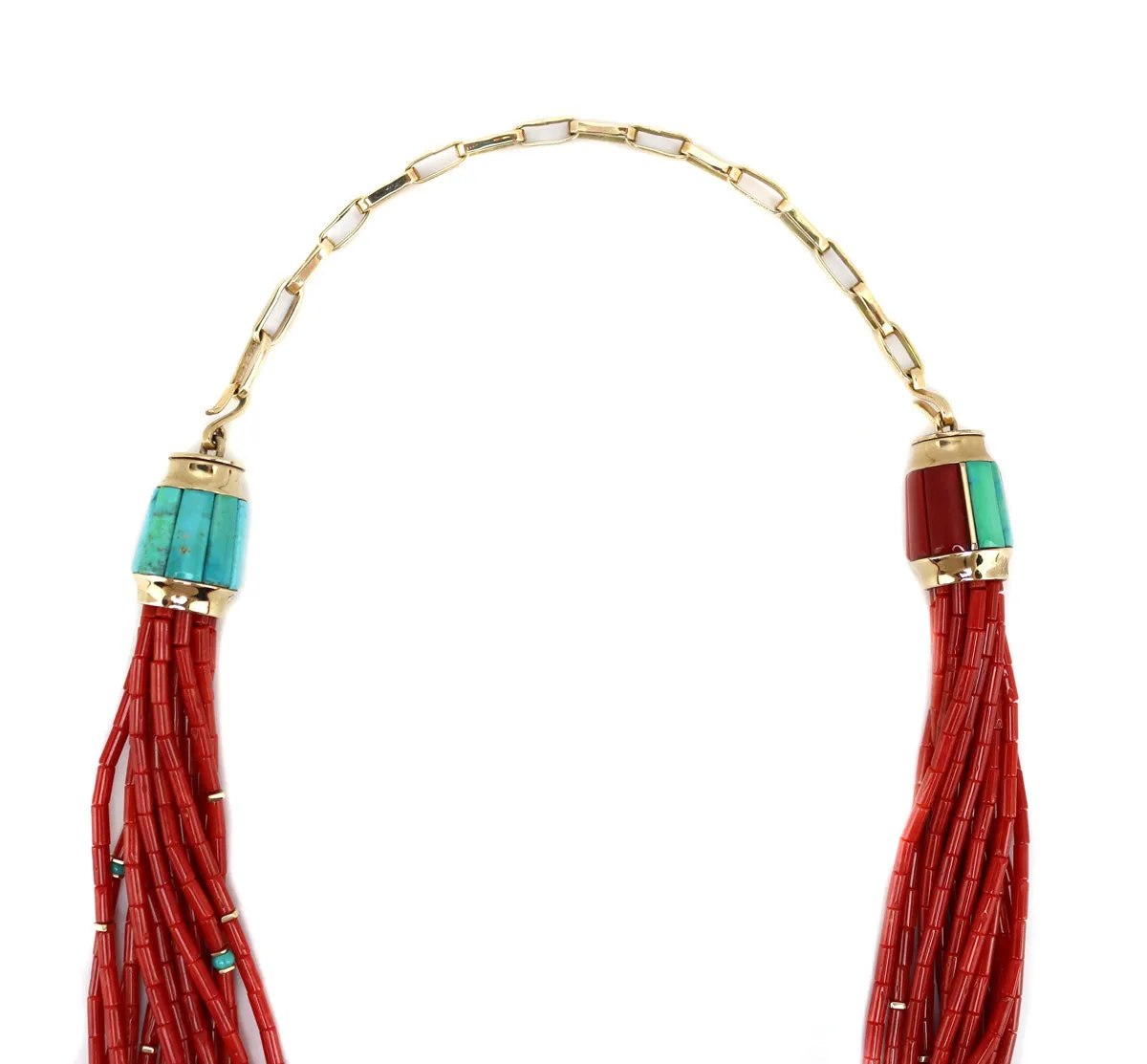 Victor Beck (1941-2022) - Navajo 14-Strand Coral, Multi-Stone, and Gold Beaded Necklace with Multi-Use Extender c. 2005, 19" length