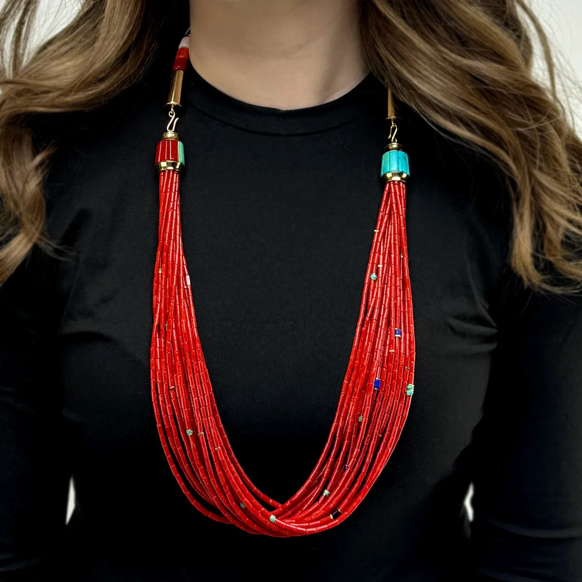 Victor Beck (1941-2022) - Navajo 14-Strand Coral, Multi-Stone, and Gold Beaded Necklace with Multi-Use Extender c. 2005, 19" length