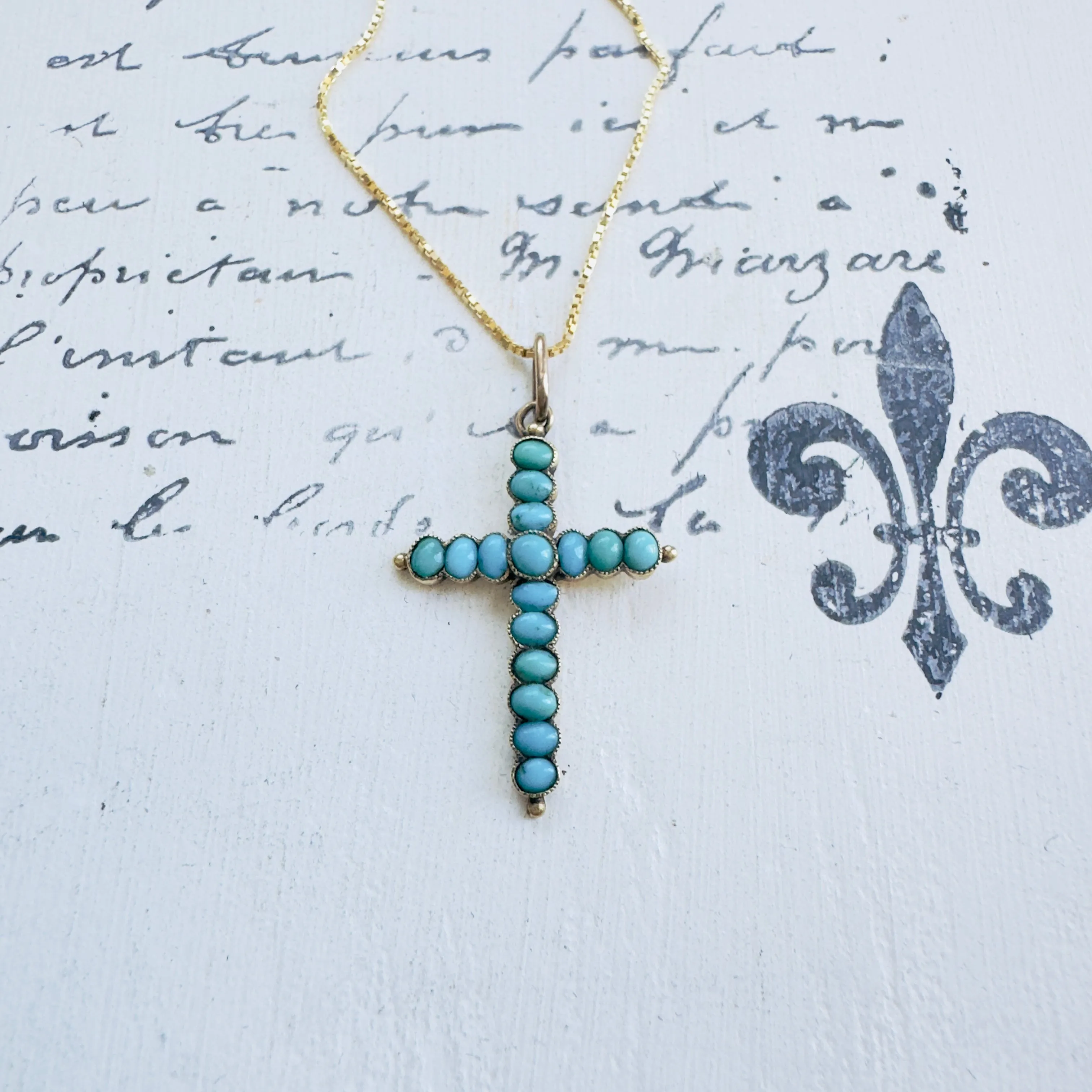 Victorian 14K Gold Cross with Turquoise Stones
