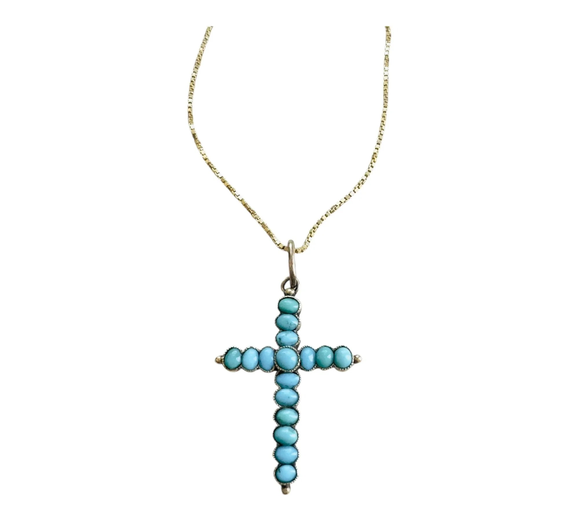 Victorian 14K Gold Cross with Turquoise Stones