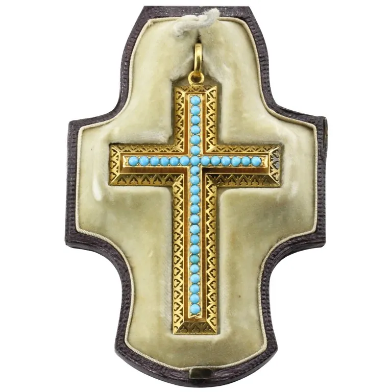 Victorian 15K Gold Persian Turquoise Pierced Cross Pendant c.1880 in Box