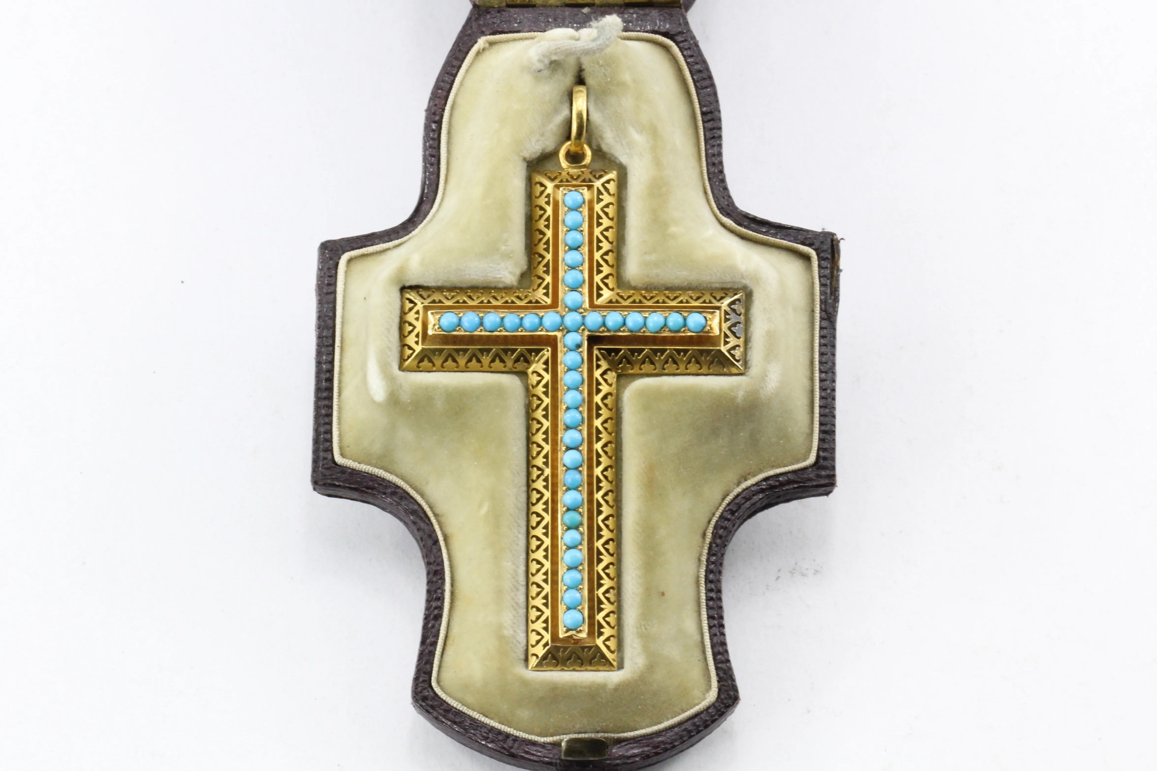 Victorian 15K Gold Persian Turquoise Pierced Cross Pendant c.1880 in Box