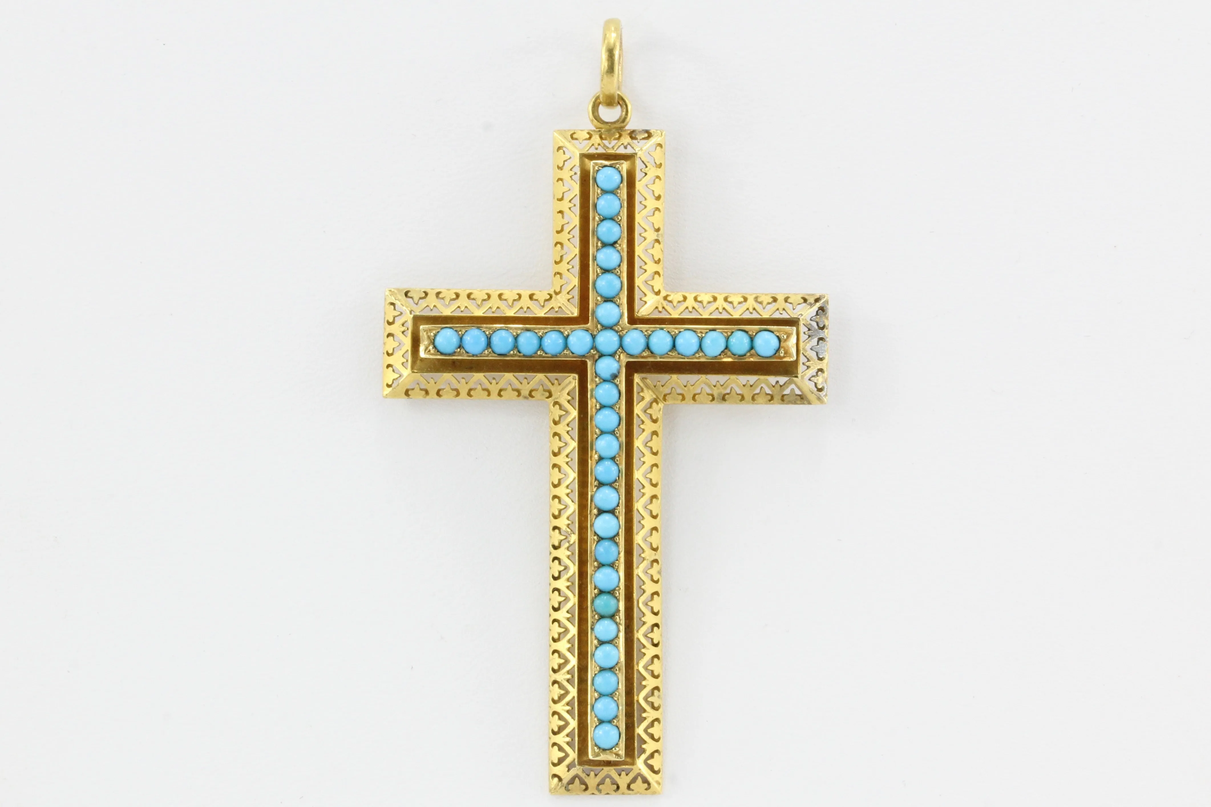 Victorian 15K Gold Persian Turquoise Pierced Cross Pendant c.1880 in Box