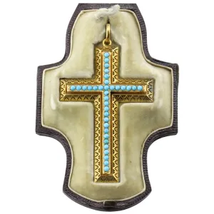 Victorian 15K Gold Persian Turquoise Pierced Cross Pendant c.1880 in Box
