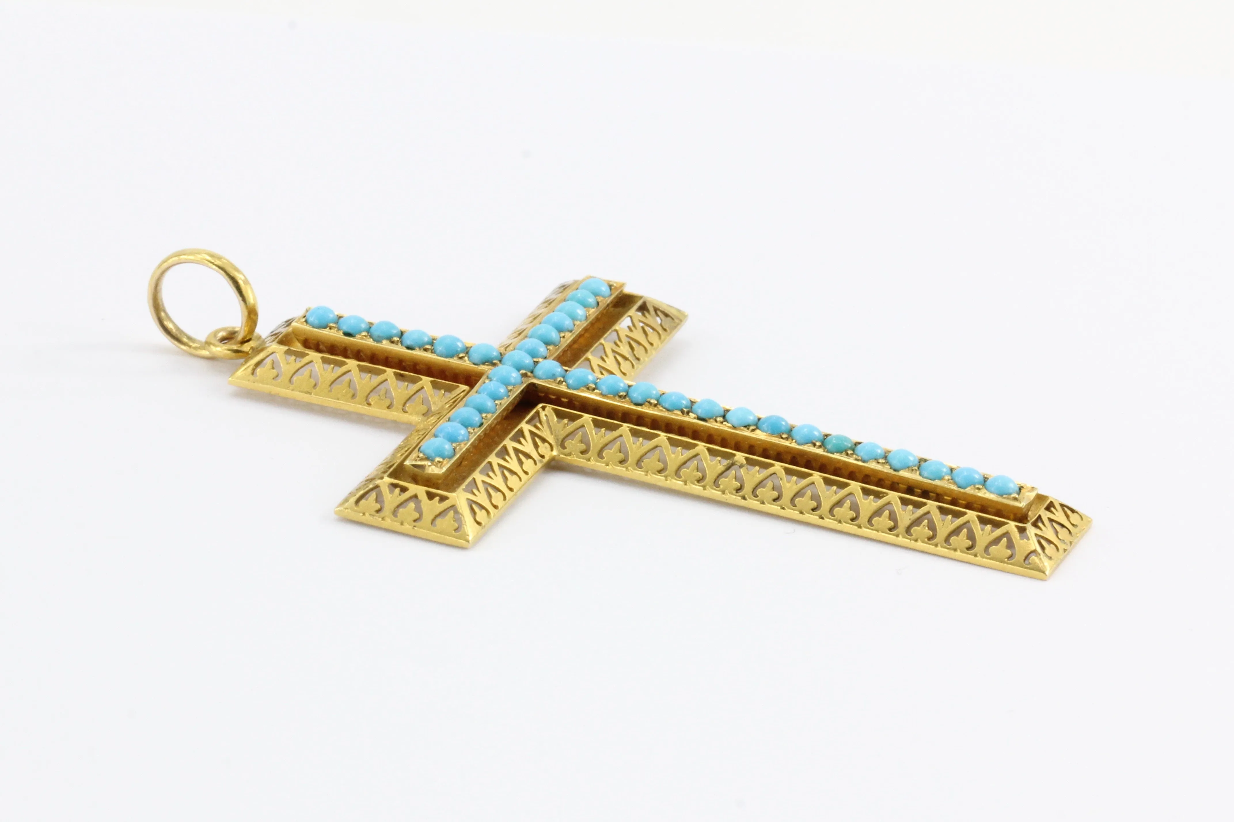 Victorian 15K Gold Persian Turquoise Pierced Cross Pendant c.1880 in Box