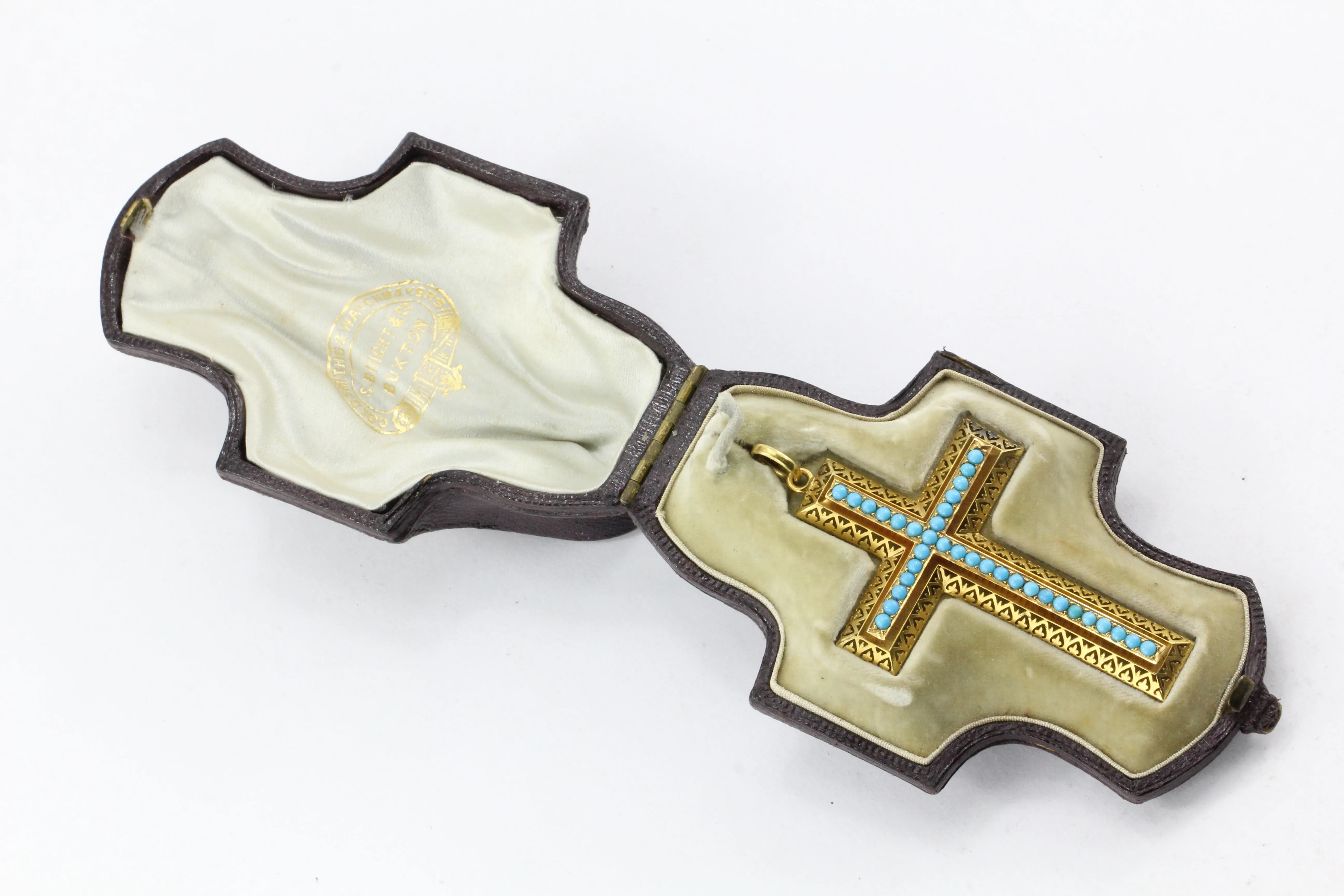 Victorian 15K Gold Persian Turquoise Pierced Cross Pendant c.1880 in Box