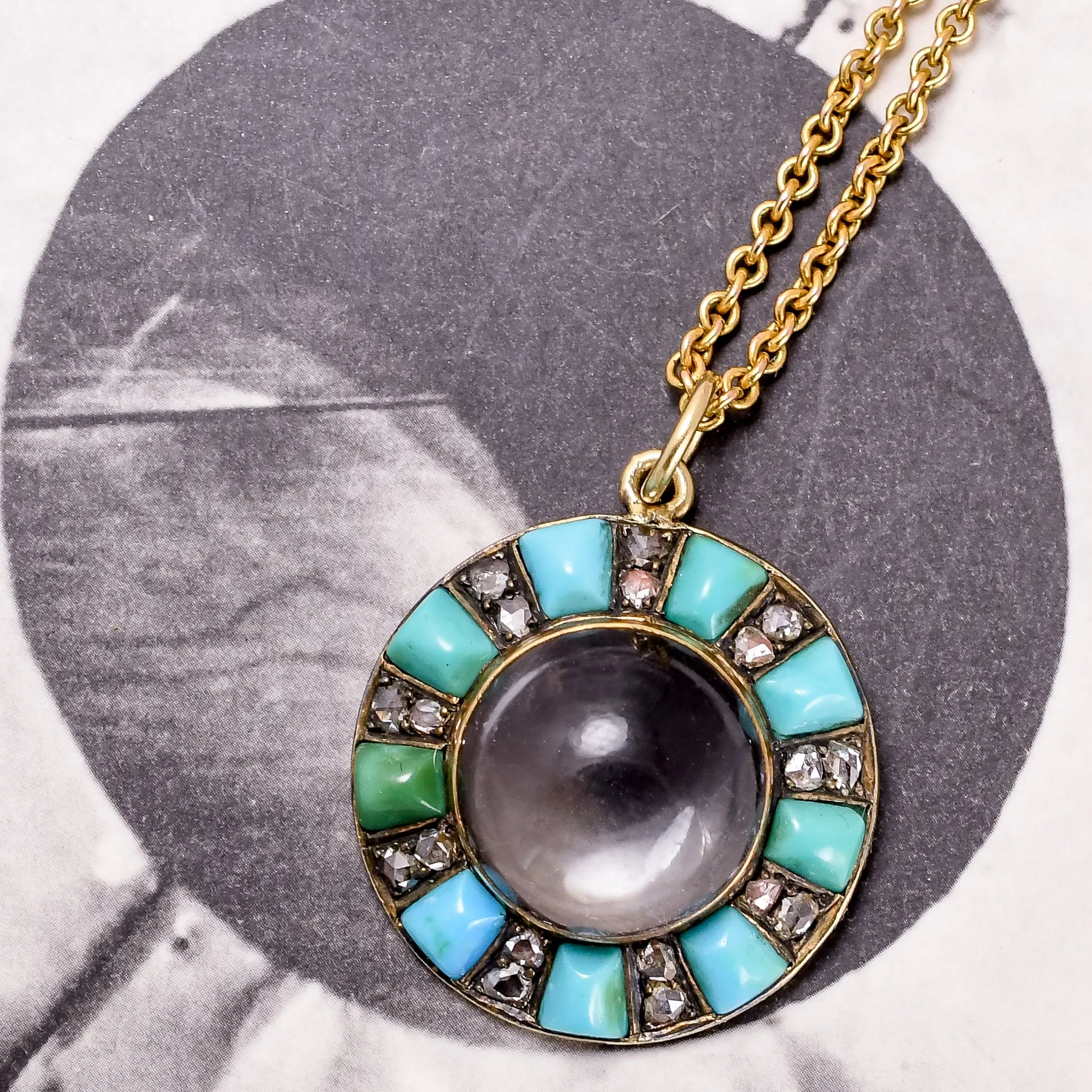 Victorian Diamond & Turquoise "Pool of Light" Pendant