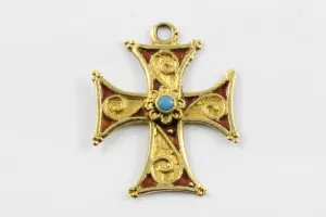 Vintage 18K Gold Maltese Enamel & Turquoise Cross Pendant