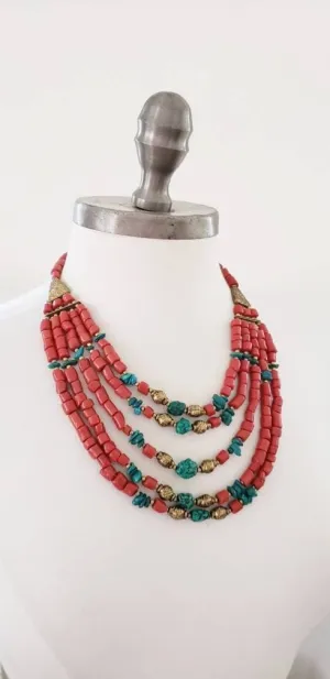Vintage Coral & Turquoise Bead Necklace Multistrand Orange Red Beaded Ethnic Tribal Traditional / Pandora