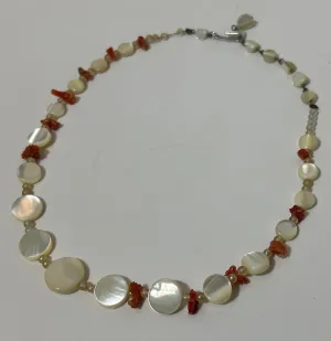 Vintage Mother of Pearl and Red Coral Chip Necklace – Natural Shell Beads, Boho Coastal Jewelry