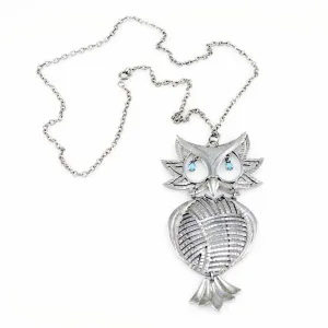 Vintage Silver Articulated Owl Necklace  Turquoise Eyes 1970S