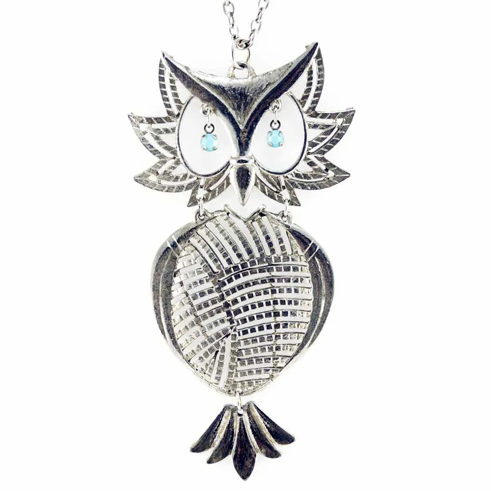 Vintage Silver Articulated Owl Necklace  Turquoise Eyes 1970S
