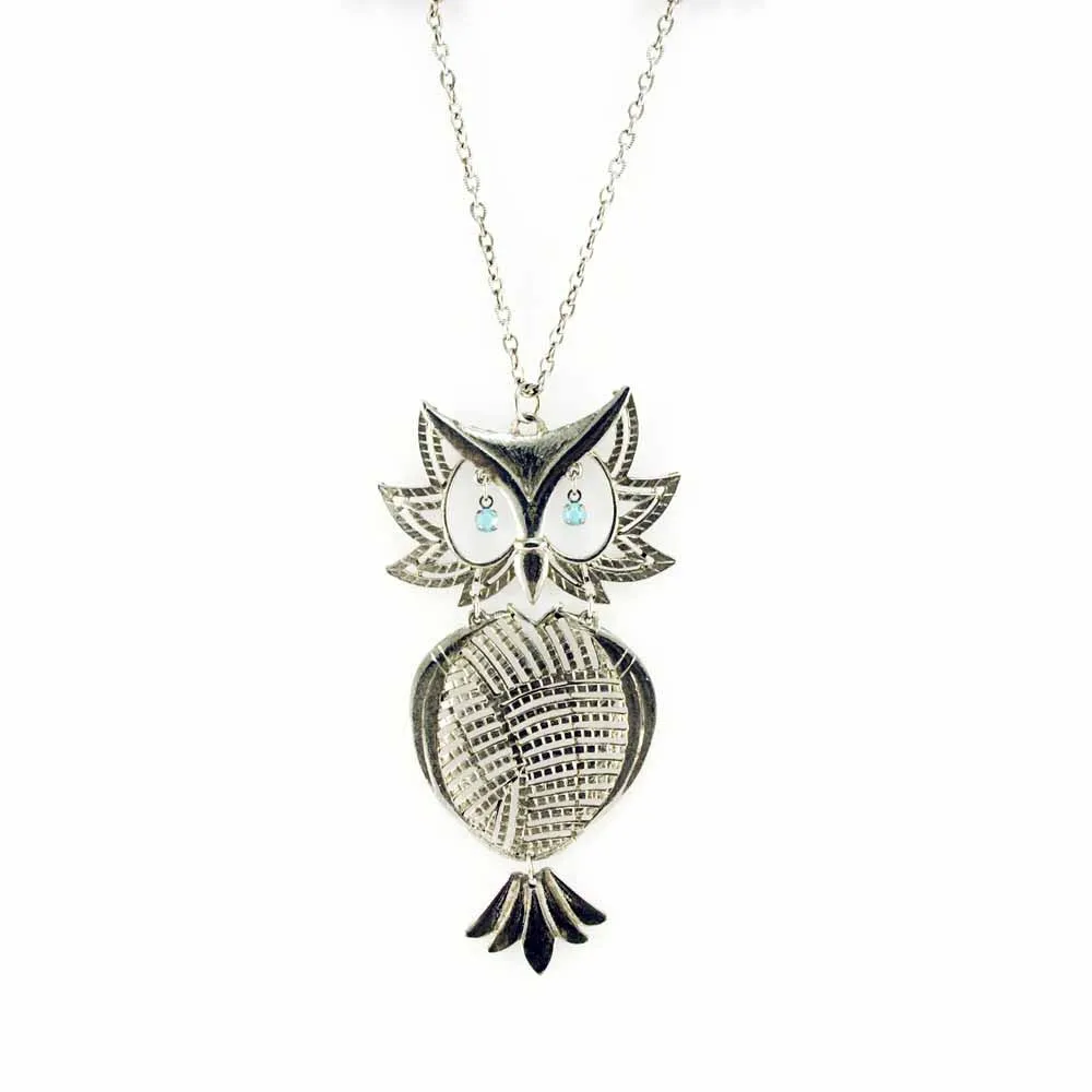 Vintage Silver Articulated Owl Necklace  Turquoise Eyes 1970S