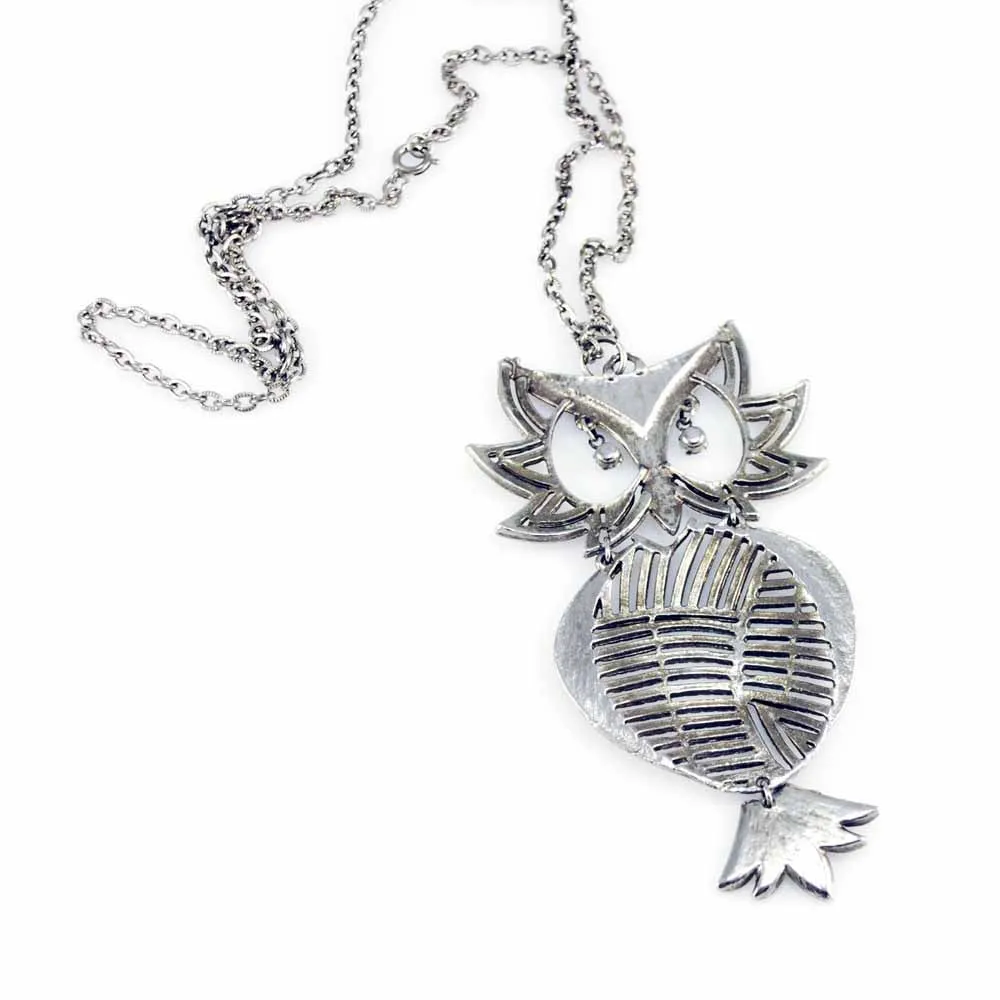 Vintage Silver Articulated Owl Necklace  Turquoise Eyes 1970S